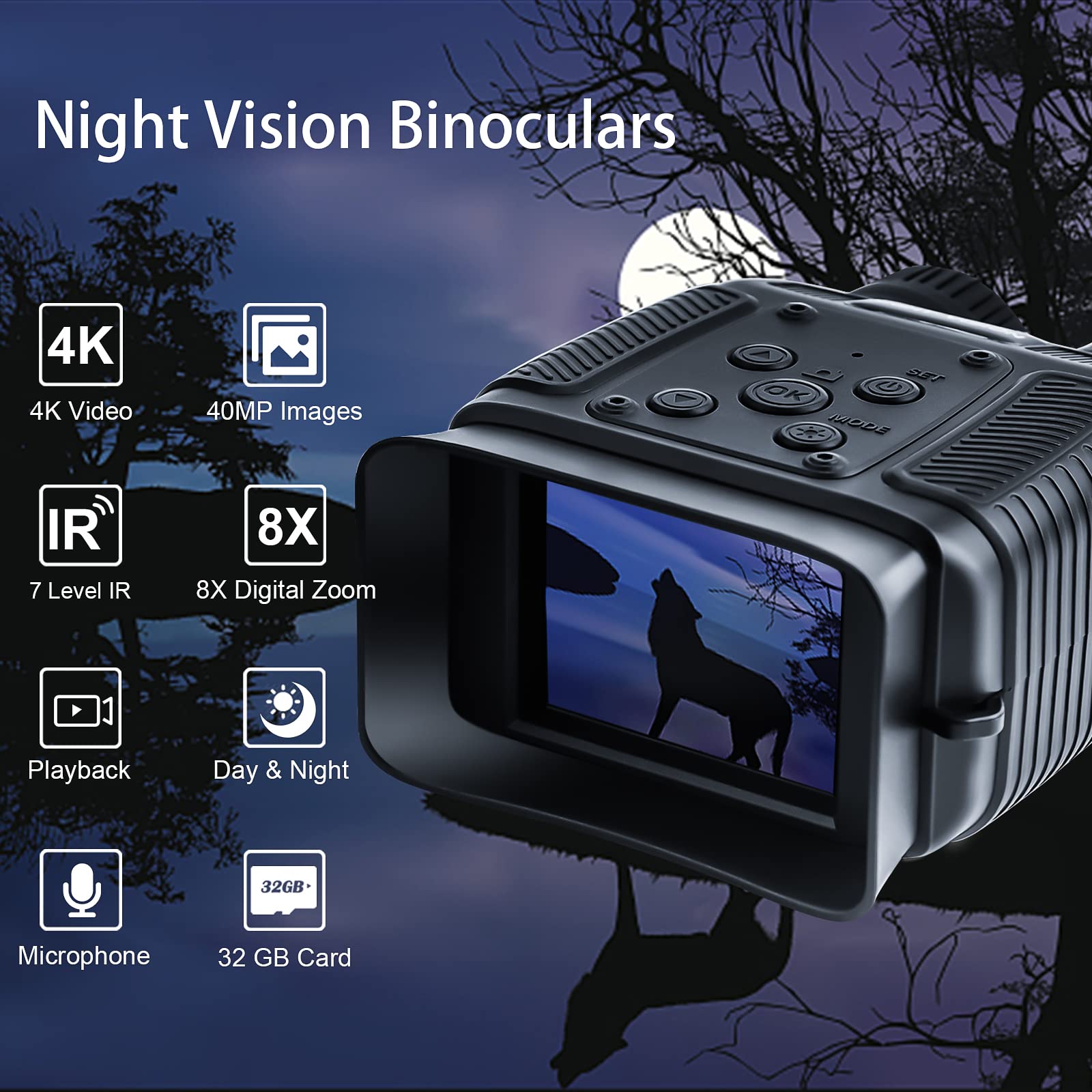 Night Vision Goggles - 4K HD Binoculars - Infrared Night Vision with 8X Digital Zoom, with 32GB Memory Card and Rechargeable Lithium Battery to Save Photos and Videos, Suitable for Camping and Hunting