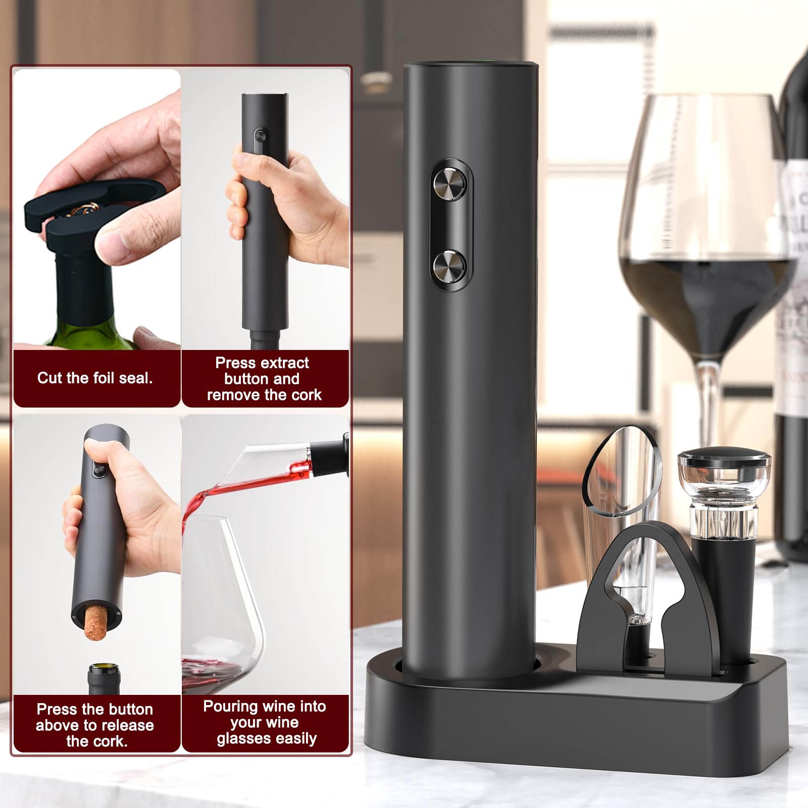 AtomDream Tech Electric Wine Opener Set, Electric Wine Bottle Opener with Storage Base/Wine Aerator Pourer/Foil Cutter/Wine Stopper (Black, Battery Operated, 4 x AA Batteries Not Included)