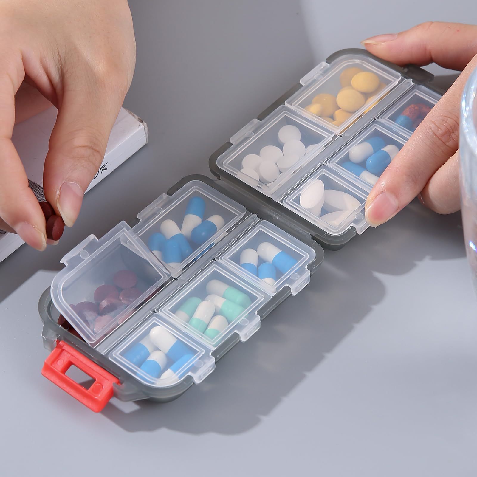 Zuihug 1Pack Travel Pill Organizer - 10 Compartments Pill Case, Compact and Portable Pill Box, Perfect for On-The-Go Storage, Pill Holder for Purse Gray