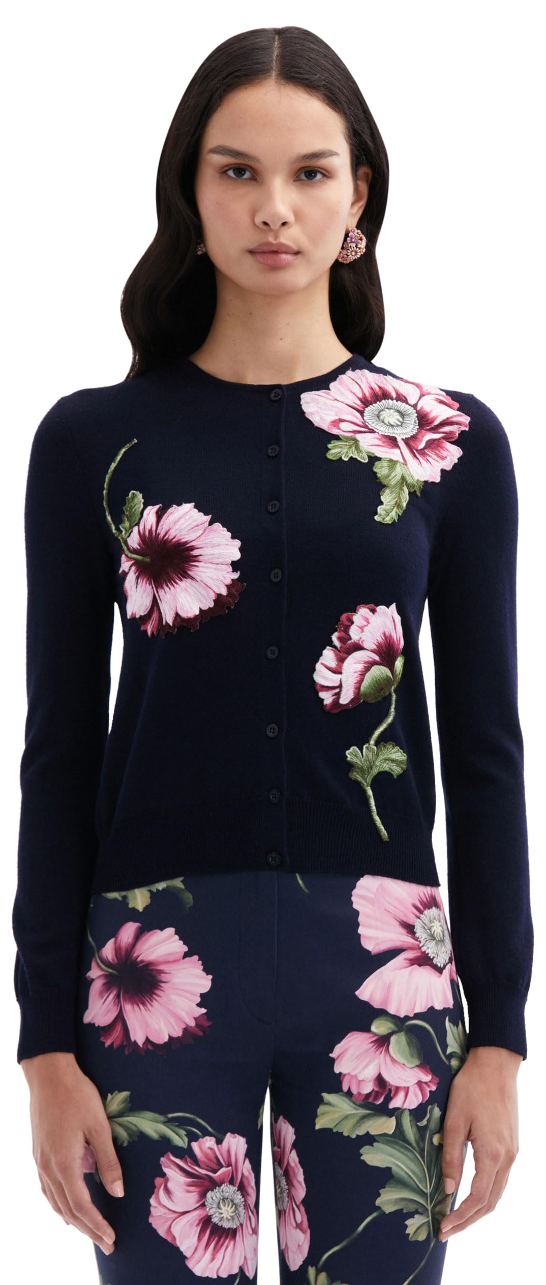 Oscar de la Renta, Poppy Threadwork Cardigan, Navy/Pink, XL