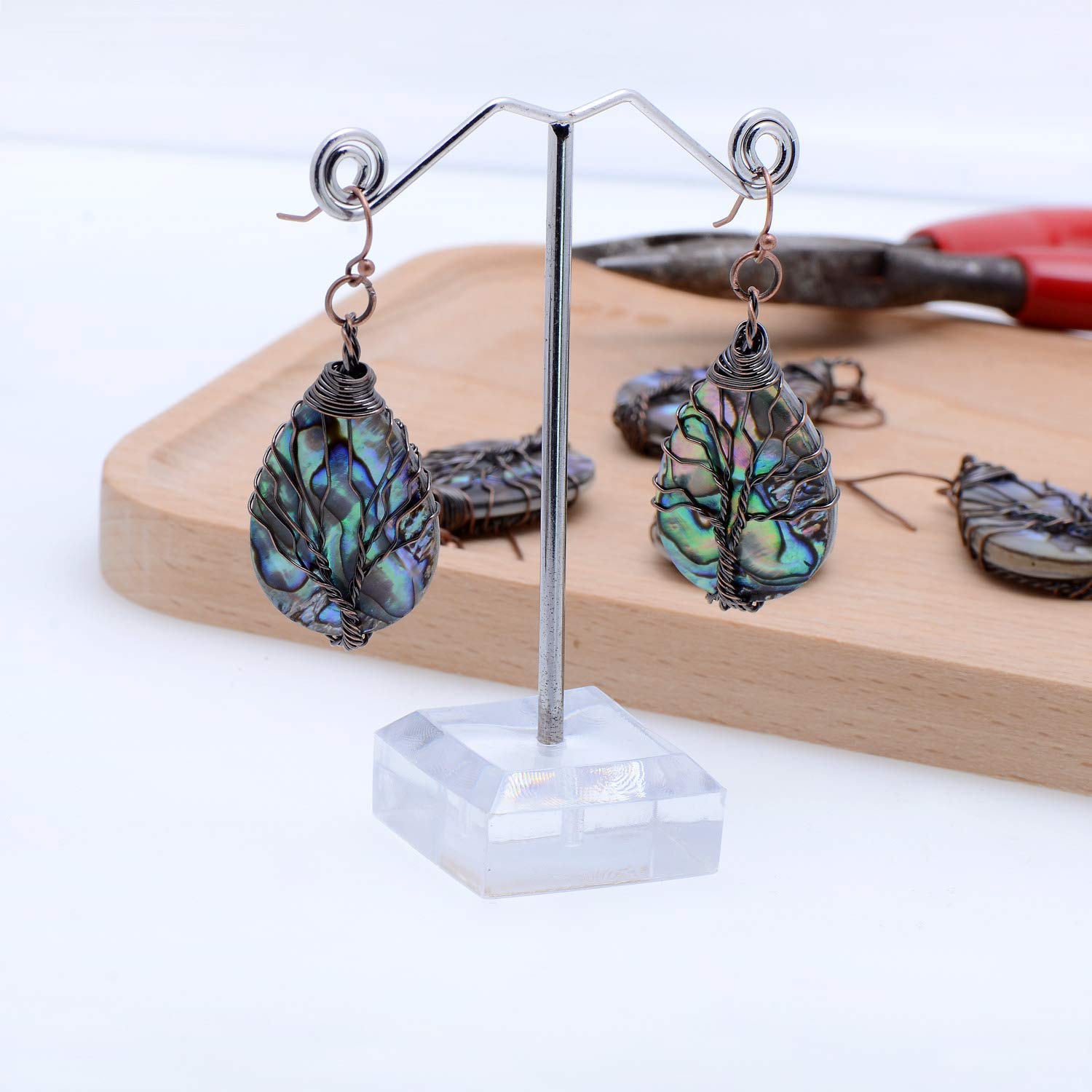 Handmade Teardrop Abalone Shell Dangle Earrings for Women, Wire Craft Tree of Life Earrings