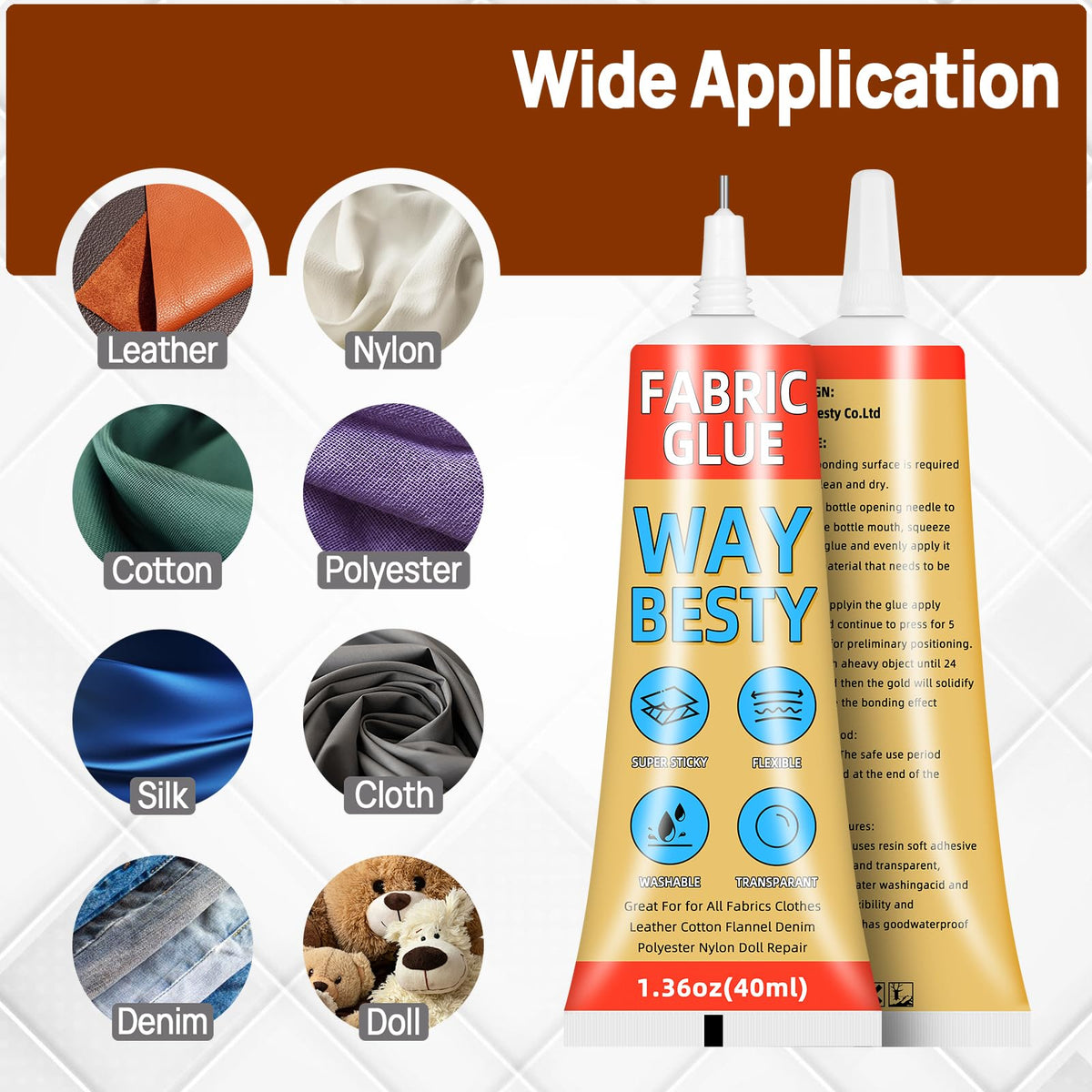 2PCS Fabric Glue, Strong Fabric and Leather Adhesive Permanent Clear Washable Clothing Glue for All Fabrics, Cotton, Flannel, Denim, Leather, Polyester, Doll Repair, 24 Hours Dry and Waterproof