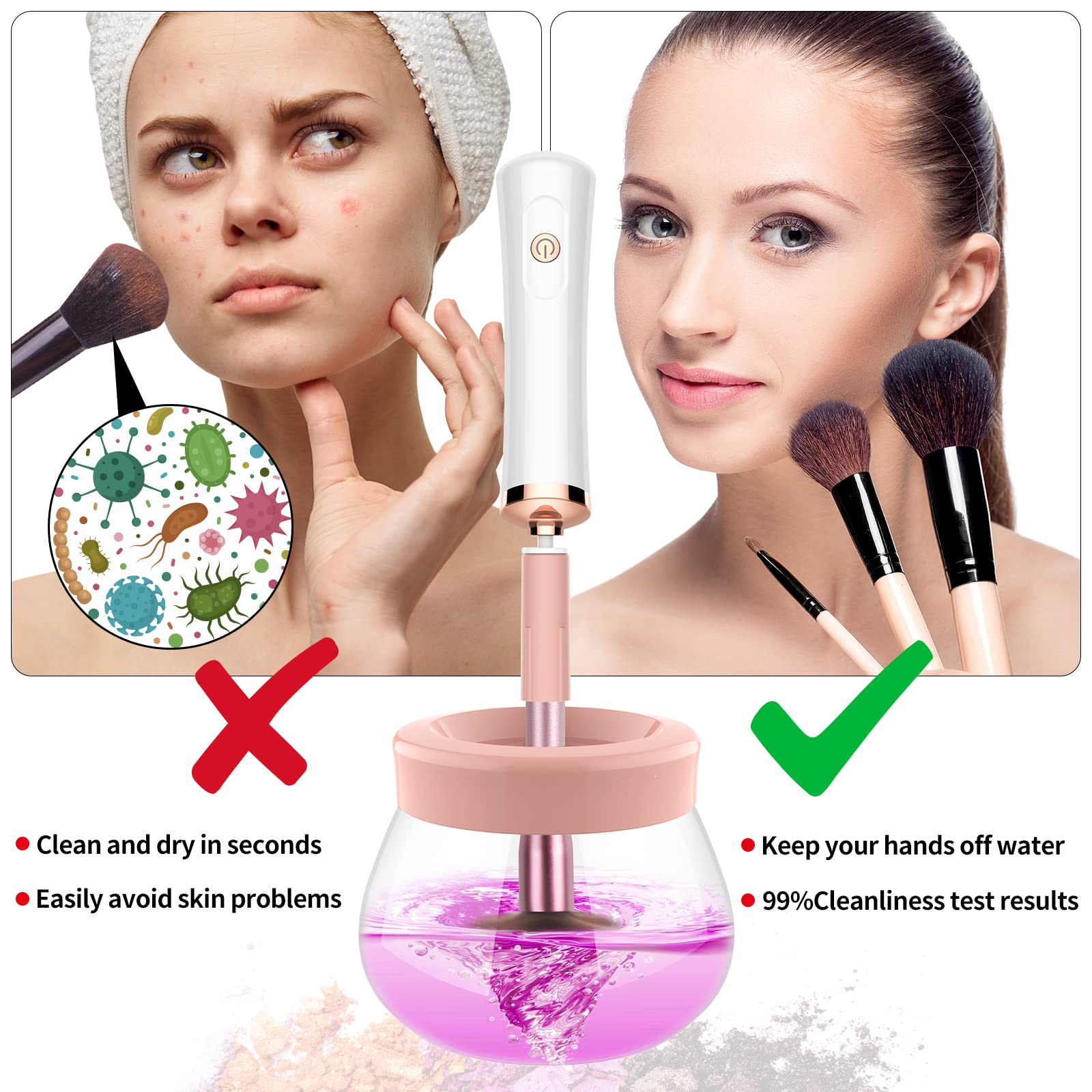 Fesmey Makeup Brush Cleaner Dryer Machine,Super-Fast Electric Brush Cleaner Spinner with 8 Size Collars,Automatic Brush Cleaner Spinner Makeup Brush Tools (White)