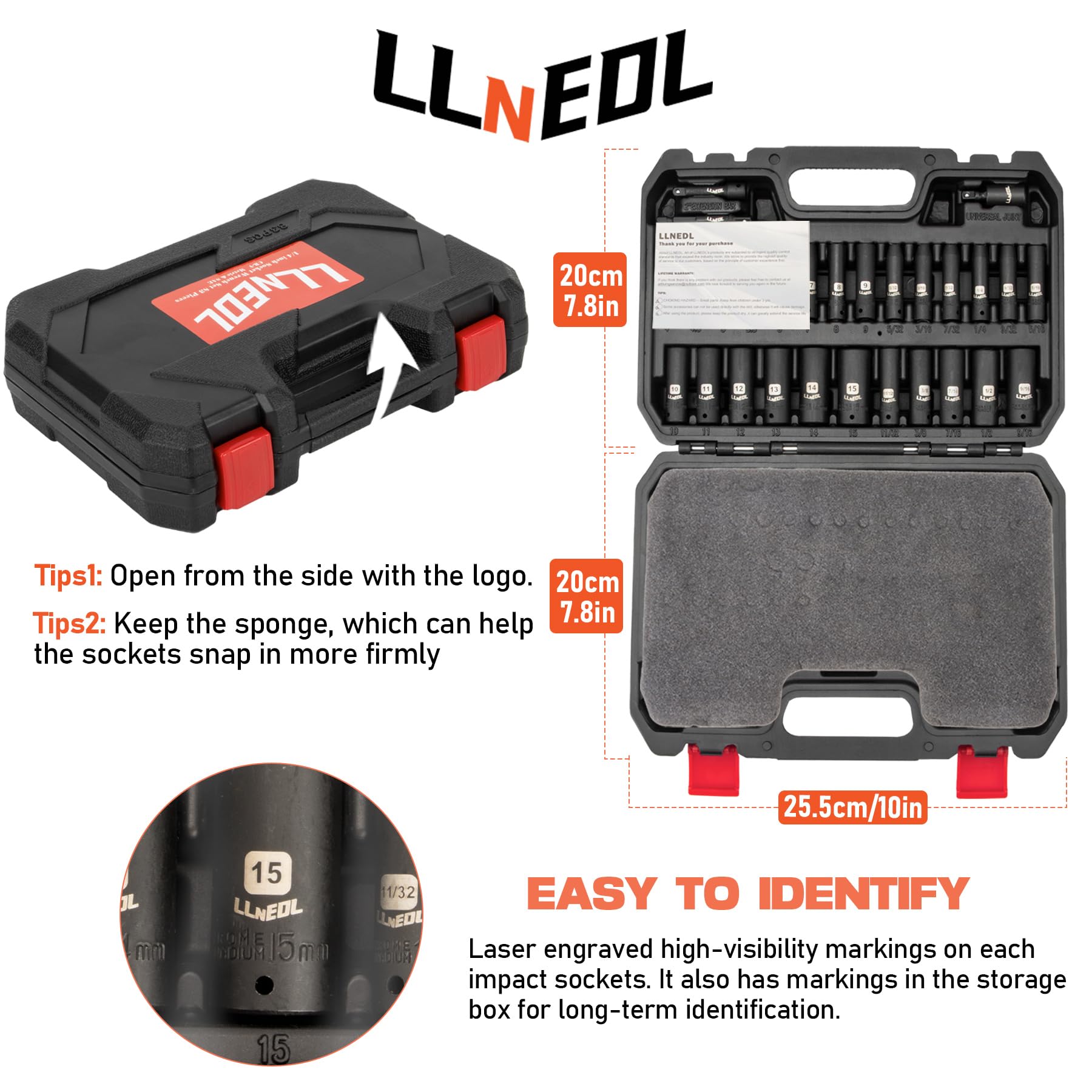 LLNEDL 1/4 Inch Drive Impact Socket Set, 83Pcs Socket Wrench Set Metric & SAE from 4-15mm, 5/32-9/16", 6 Point CR-V Deep & Shallow Sockets Kit with 72T Ratchet Handle, E Torx, for Automotive & Home