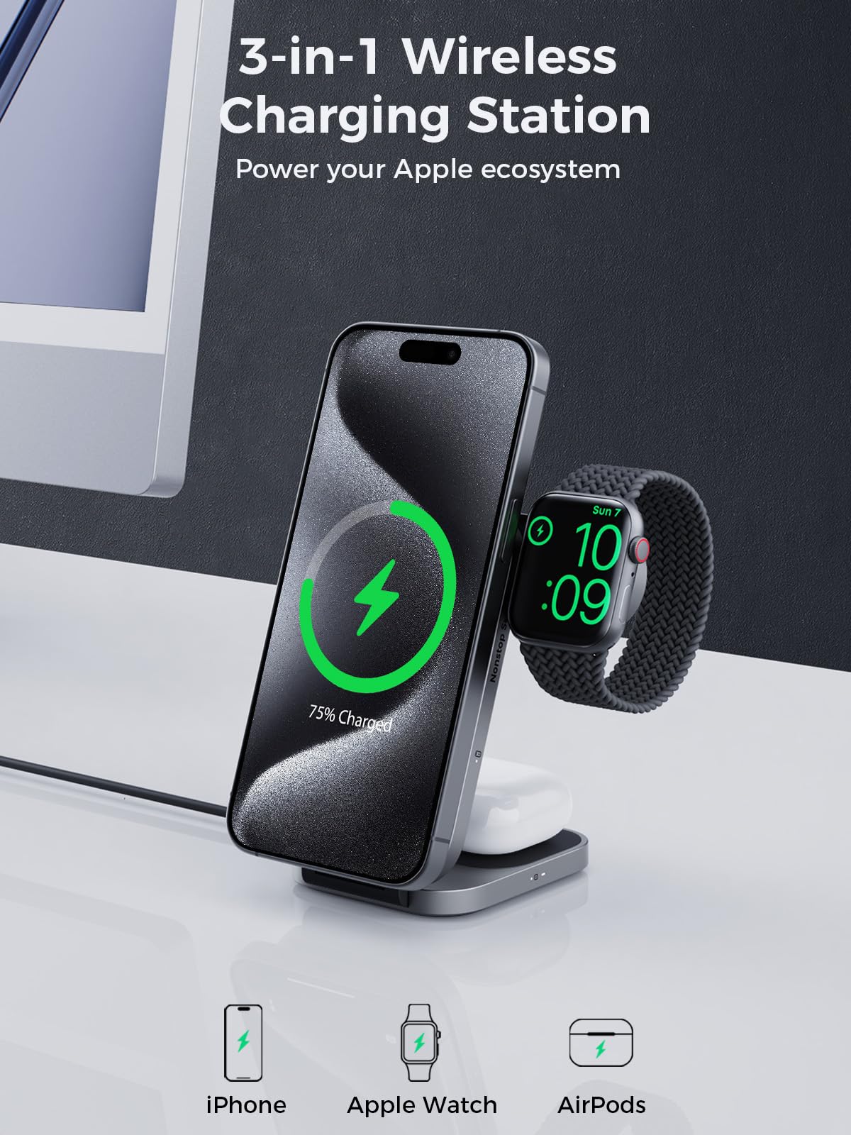 AMEGAT MagFusion Z 3-in-1 Charging Station MagSafe, Qi2 Certified 15W Wireless Charger Stand, Apple Watch Charger, for iPhone 16/15/14/13/12, AirPods, Apple Watch S9 (30W PD Charger Included)