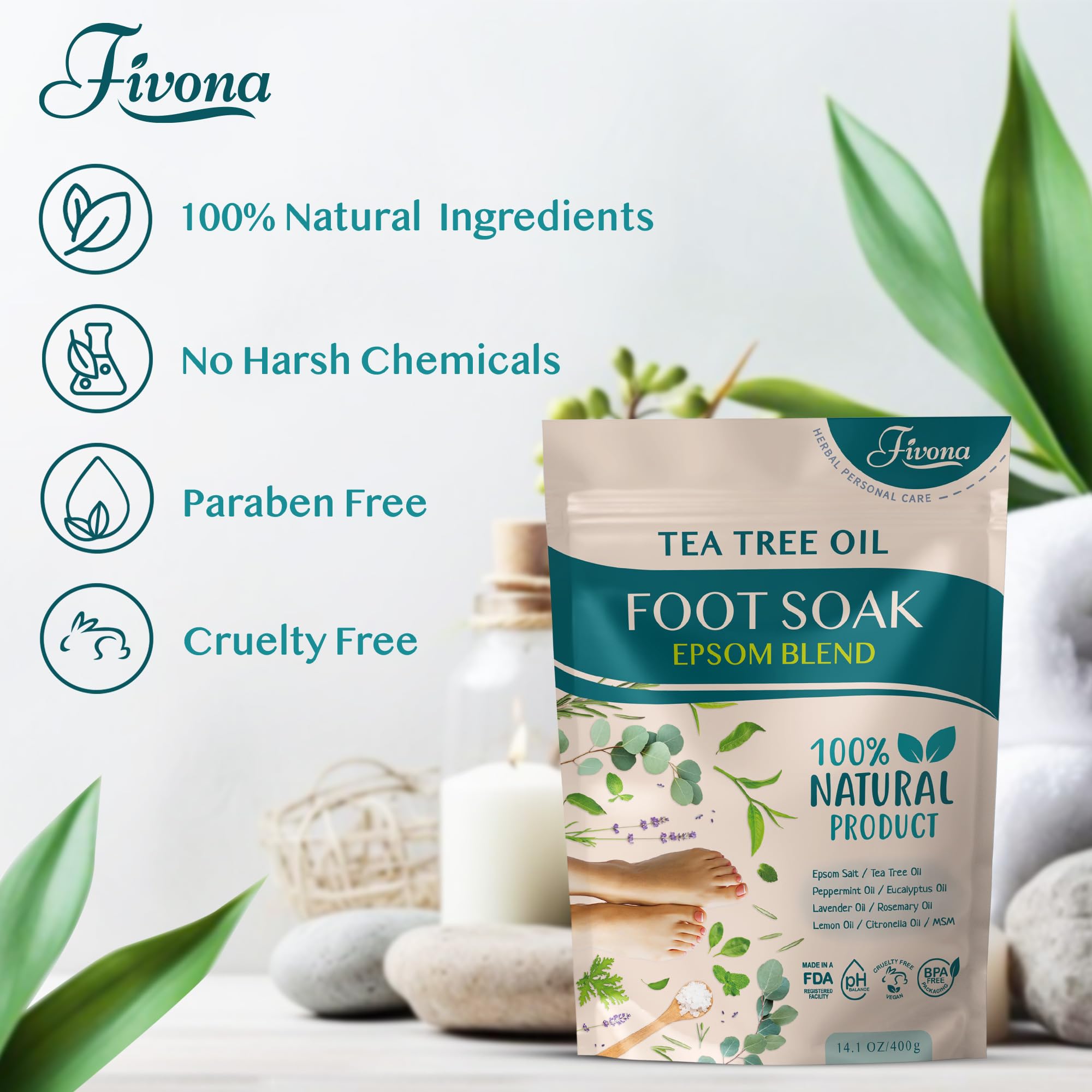 Fivona Tea Tree Foot Soak Blend 14.1 oz - Epsom Salt with Essential Oils for Healthy Toenails, Soothing Relief, Callus Softening - Pedicure Therapy for Soft, Rejuvenated Feet