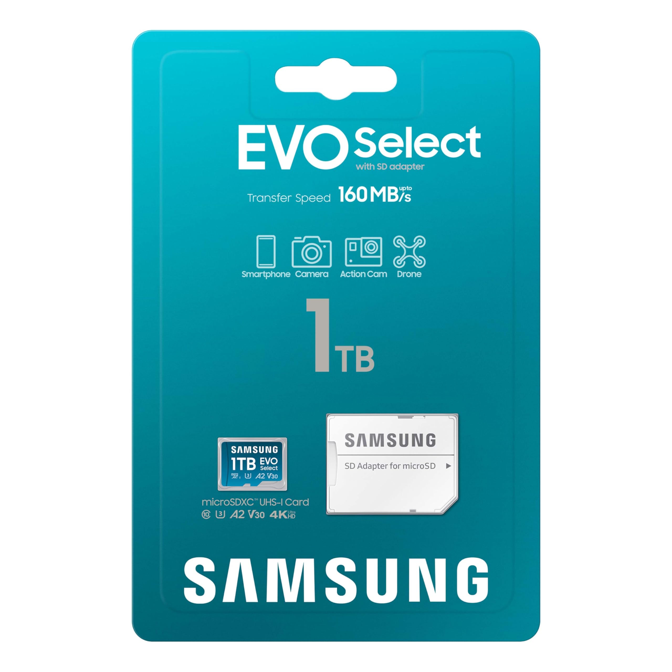 SAMSUNG EVO Select microSDMemory Card + Adapter, 1TB microSDXC, Up-to 160 MB/s, 4K UHD, UHS-I, C10, U3, V30, A2, for Mobile Phone, Smartphones, Nintendo-Switch, and Tablets (MB-ME1T0SA/AM)