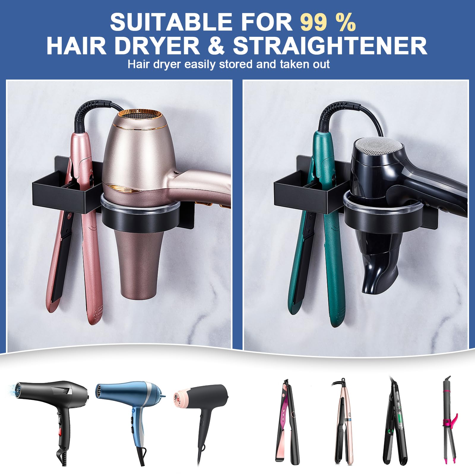 YAYINLI Hair Straightener Holder Wall, Blow Dryer Holder Wall Mounted Hairdryer Holder for Bathroom, Hair Tools Organizer & Storage Curling Iron Holder, Salon Hair Dryer Holder (Black)