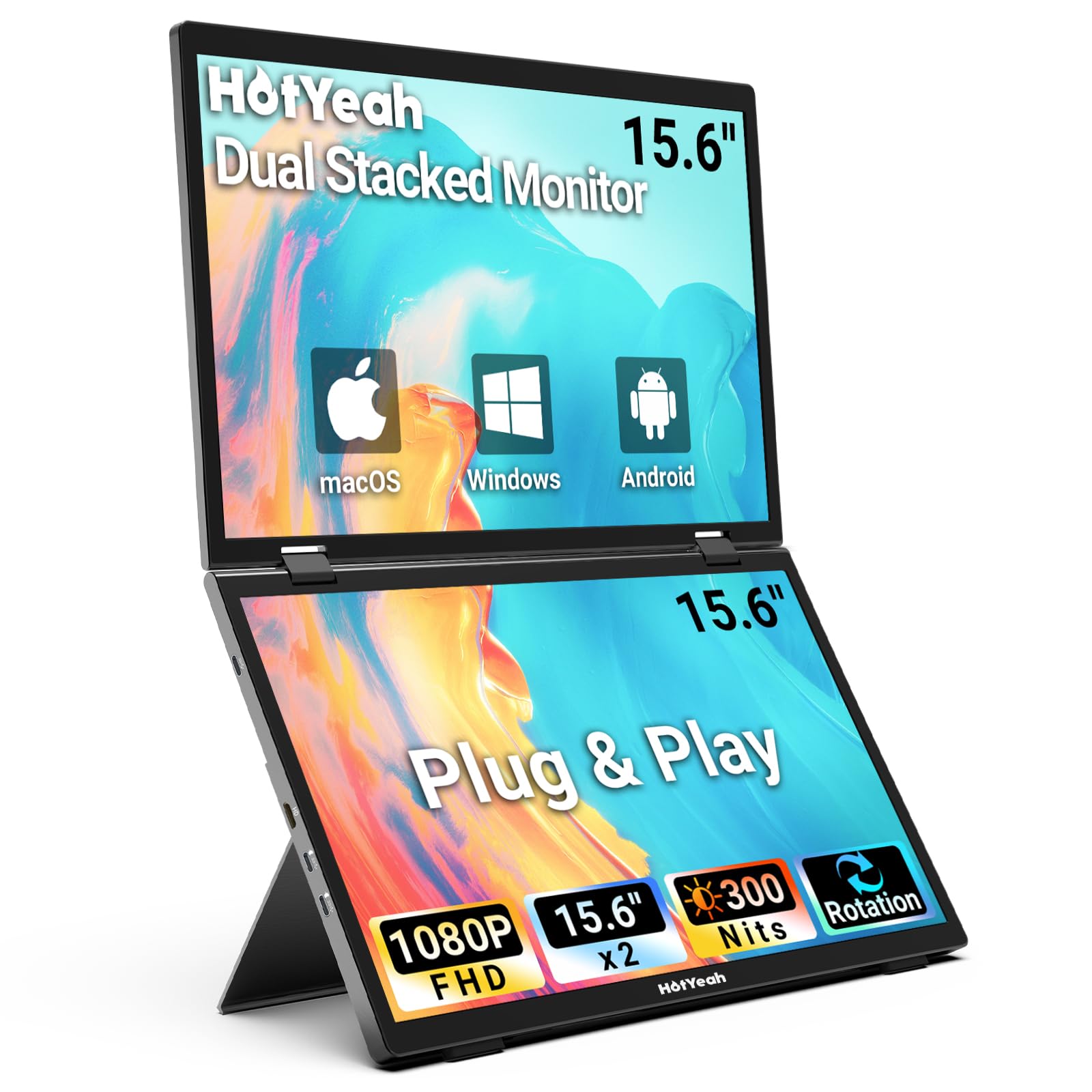 HotYeah Triple Laptop Screen Extender, 15.6'' Dual Stacked Monitor (Windows/MAC), USB-C HDMI 1080P IPS Extended Monitor, Plug & Play, Folding Monitor Extender w/Kickstand & 180°Rotation