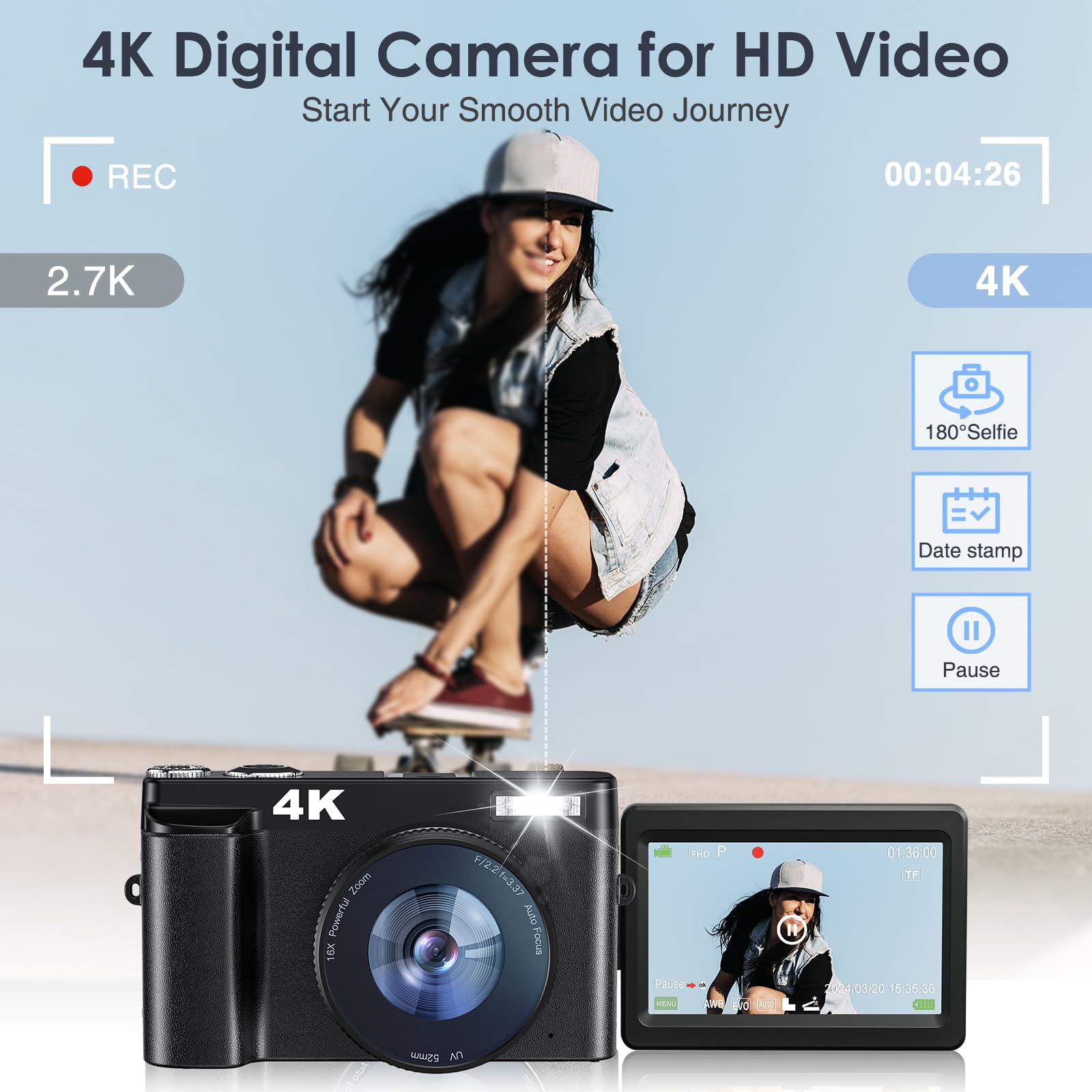 Newest 4K Digital Camera for Photography and Video, 48MP Vlogging Camera with SD Card Autofocus Anti-Shake, 3'' 180° Flip Screen 16X Zoom Digital Camera with Flash, Compact Digital Camera for Travel