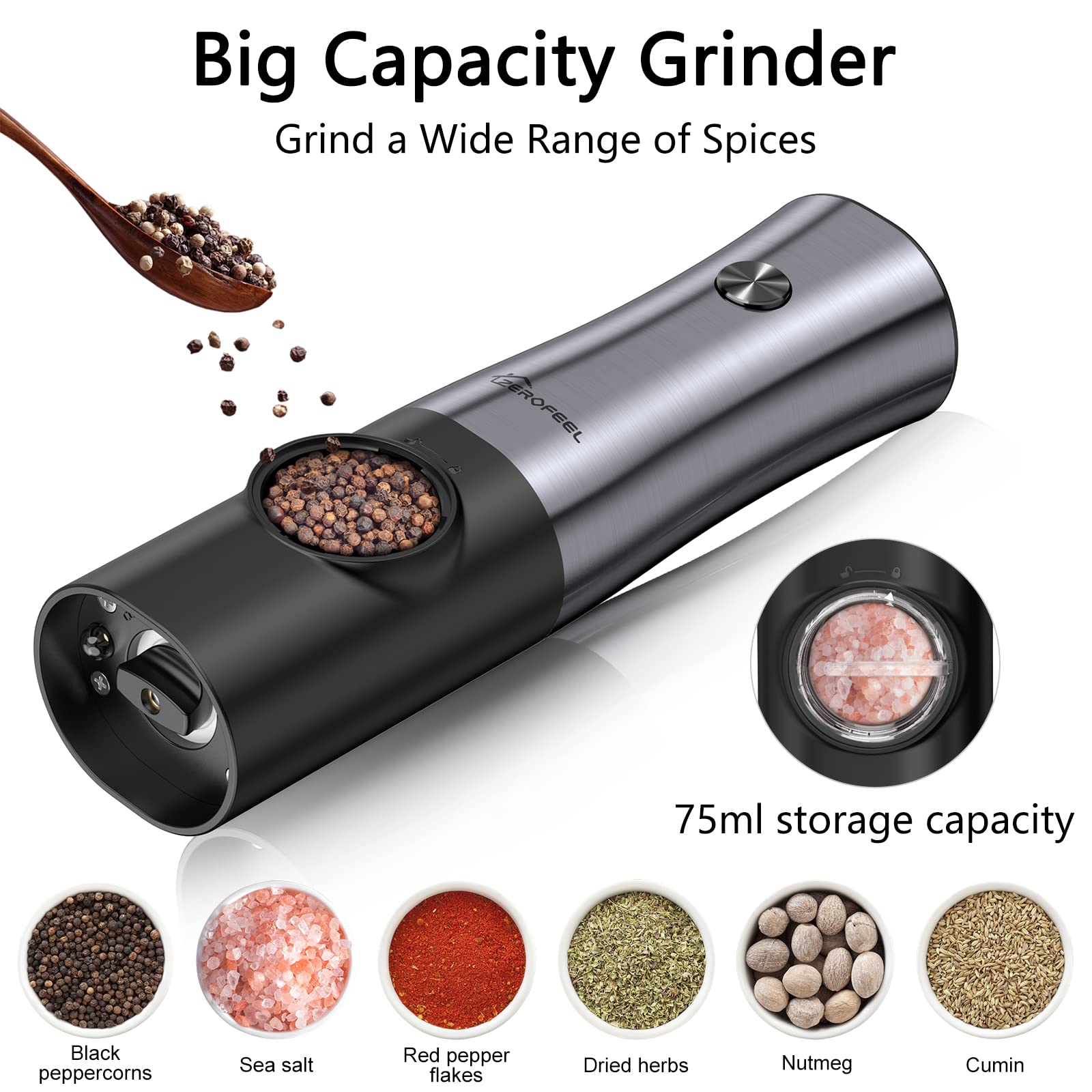 Electric Salt and Pepper Grinder Set - Rechargeable Pepper Grinder Set with Large Capacity, Adjustable Coarseness and Charging Base - Stainless Steel Pepper Mill Set with White Light