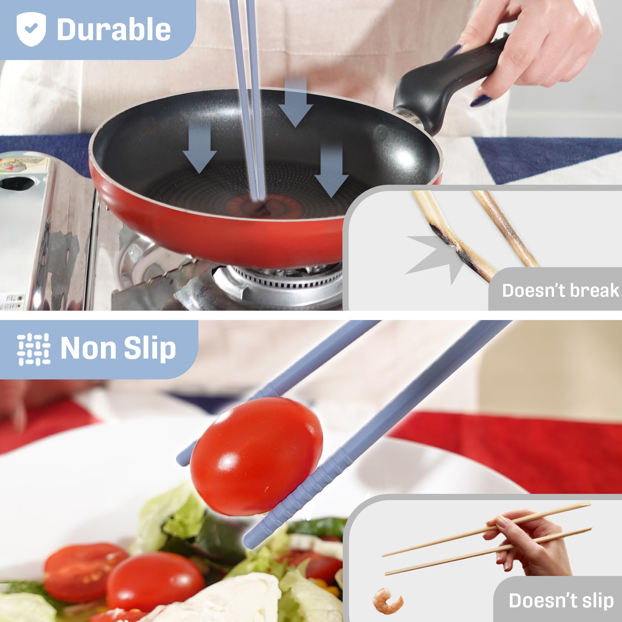 RECOHOME Reusable Long Silicone Cooking Chopsticks with Spoon 12 Inches 1 Pair, Dishwasher Safe, BPA-free Non-Slip, Non-Scratch, Korea Japanese Kitchen Utensils (Pastel Grey, 1Pair )