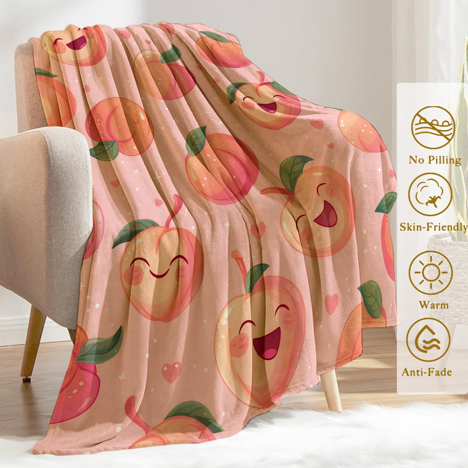 ainori Peach Flannel Blanket - Cute Happy Fruit Smiling Peaches on Pink Throw - Lightweight Soft Cozy Gifts Blankets for Kids Adult,Modern Home Room Whimsical Decor 50x60in