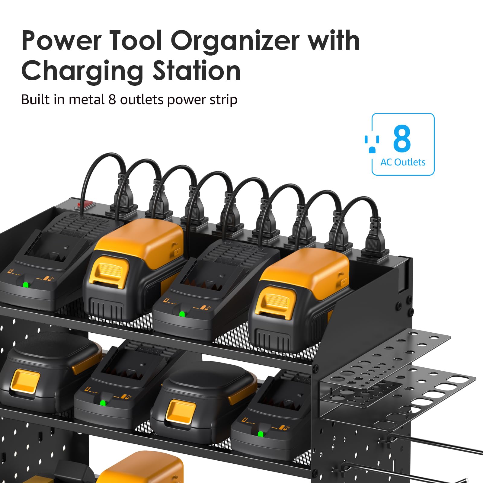 CCCEI Modular Pegboard Rack Power Tool Organizer with Charging Station. 4 Layer Wall Mount Drill Holder, Mechanic Tool Battery Charger Organizer. Garage Shop Storage Utility Shelf with Power Strip.