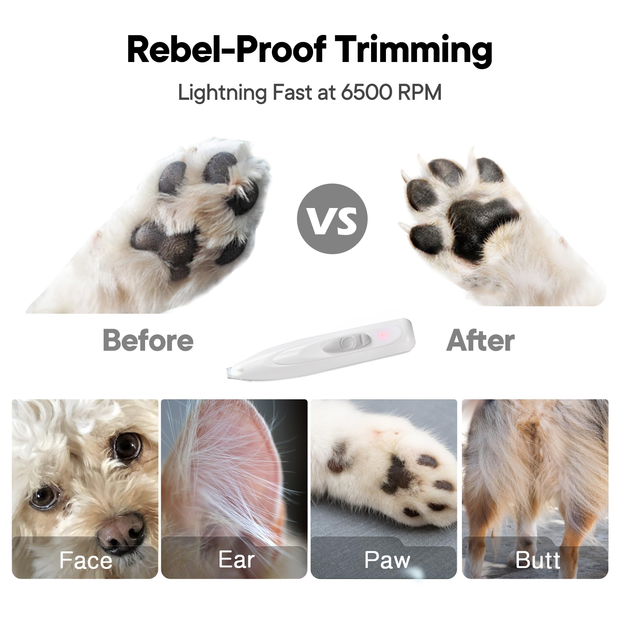 FURBONA Dog Paw Trimmer with LED Light, Rechargeable Cordless Electric Grooming Clippers, Low Noise Pet Hair Shaver for Small Dogs Cats Trimming Around Paws, Eyes, Ears, Face, Rump