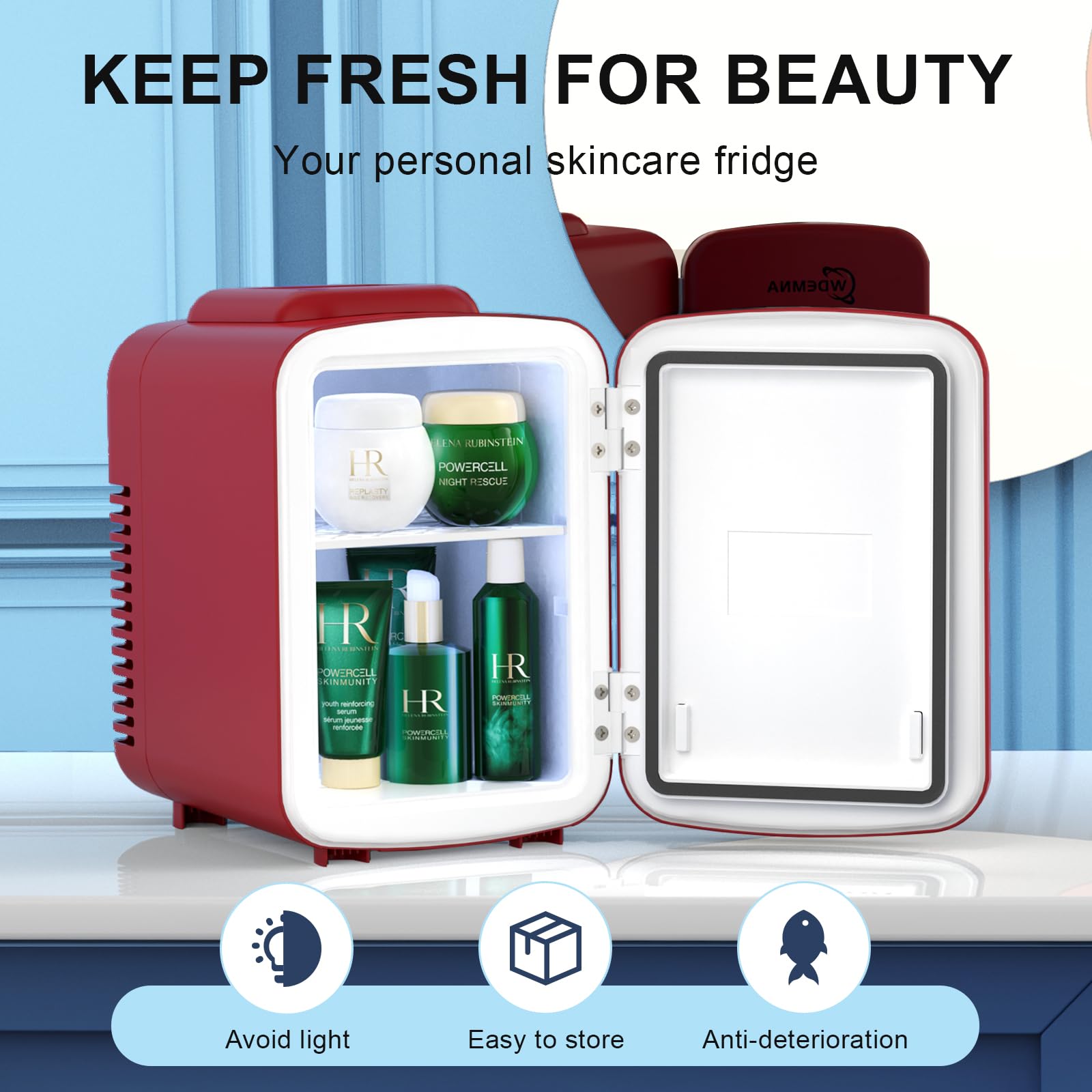 Mini Fridge Red, 4 Liter/6 Cans Skincare Fridge for Bedroom, 110V AC/12V DC Portable Thermoelectric Cooler and Warmer Small Refrigerators for Beauty & Makeup, Dorm Office and Car, DIY Shelves