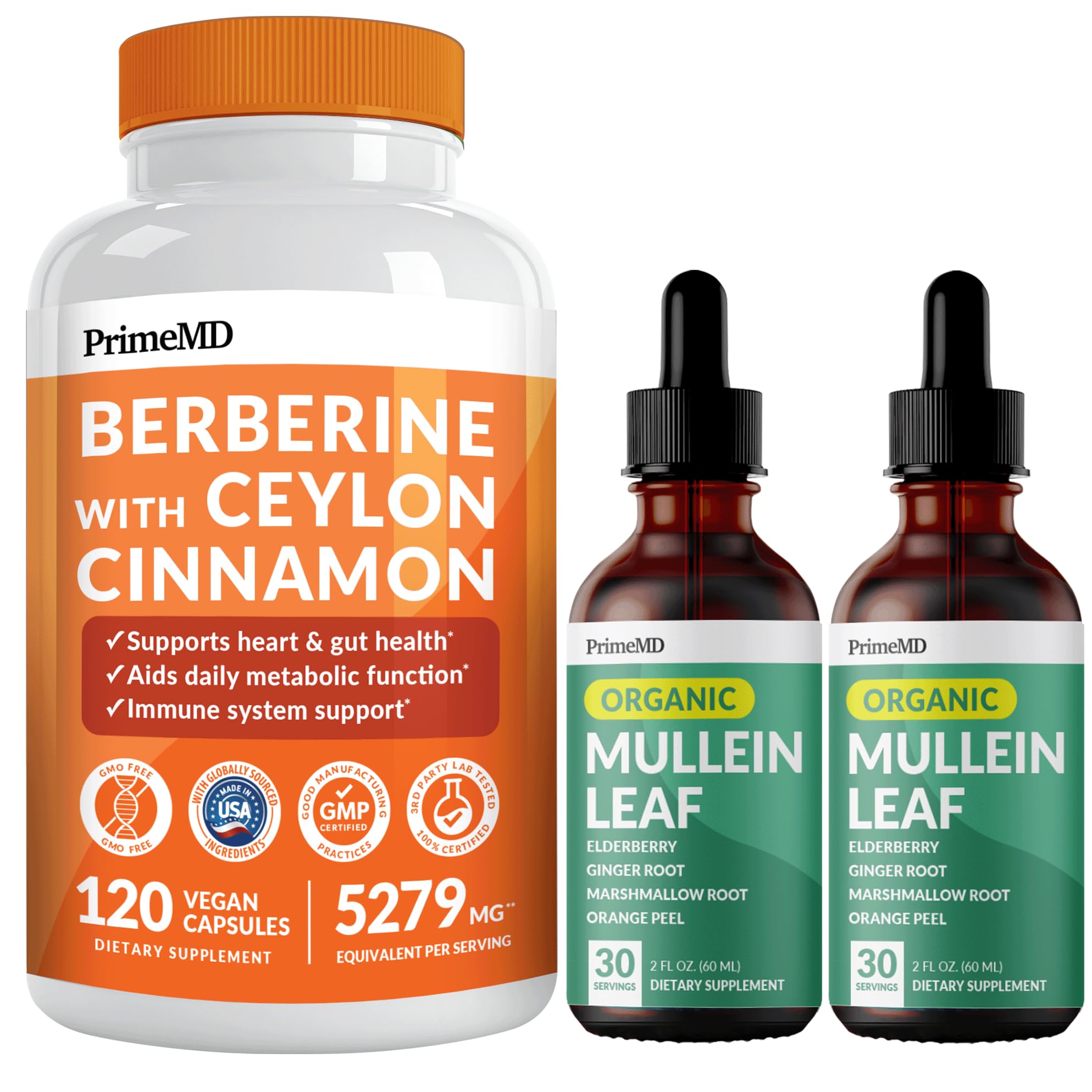 21-in-1 Berberine Supplement with Ceylon Cinnamon Chromium, Bitter Melon and Green Tea Extract (120 ct) & 5-in-1 Mullein Drops for Lungs and Respiratory Lung Health & Bronchial Support (60 Servings)