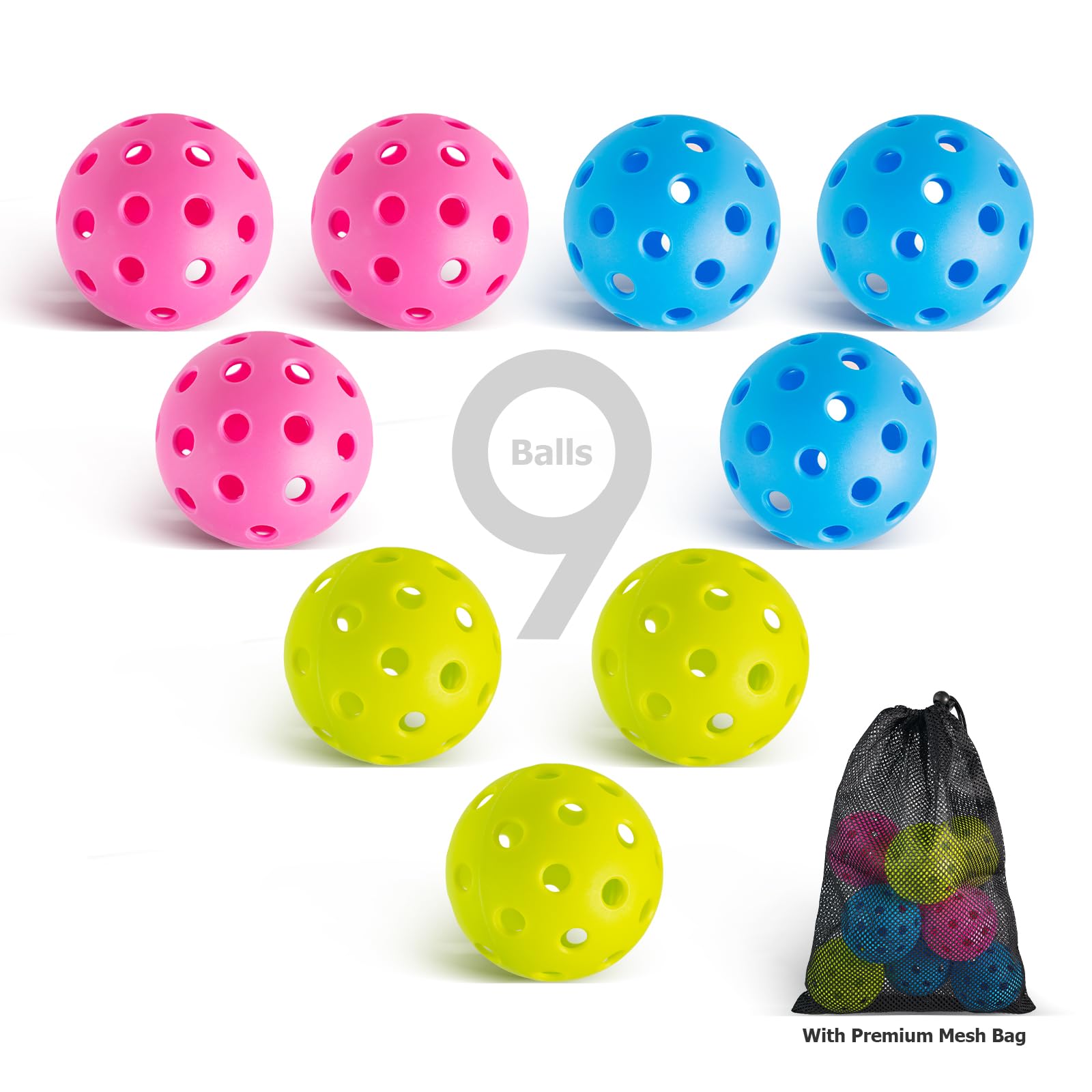 ActiveGear Pickleball Balls, 9 Pack 40 Holes Outdoor Pickleball Balls in 3 Colors Mesh Bag, USAPA Standard, High Elasticity & Durable Pickle Balls for Various Pickleball Paddles and Courts