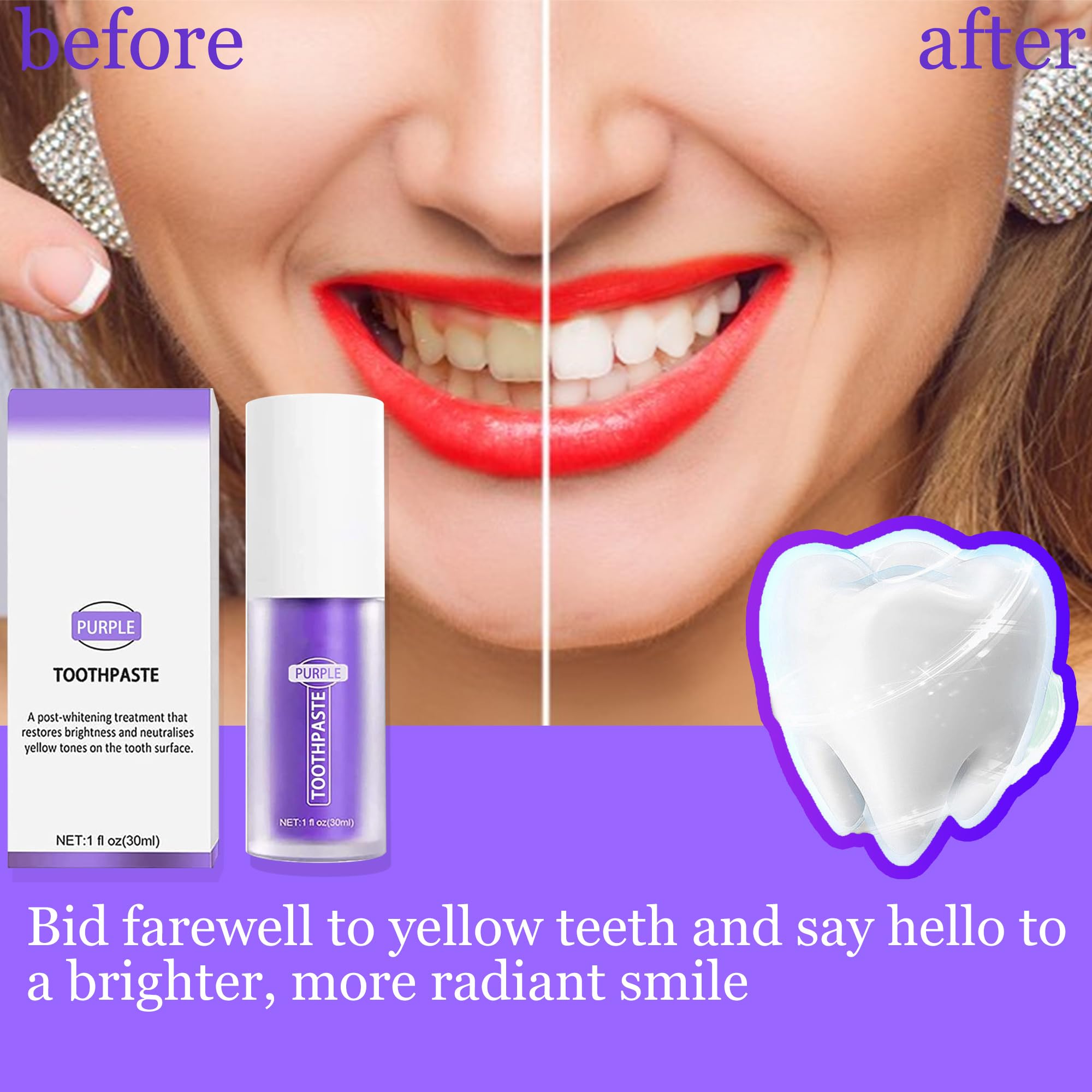 Purple Toothpaste for Teeth Whitening, Tooth Stain Removal Colour Corrector, Purple Toothpaste,Purple Teeth Whitening Booster(1fl oz/30 ml)