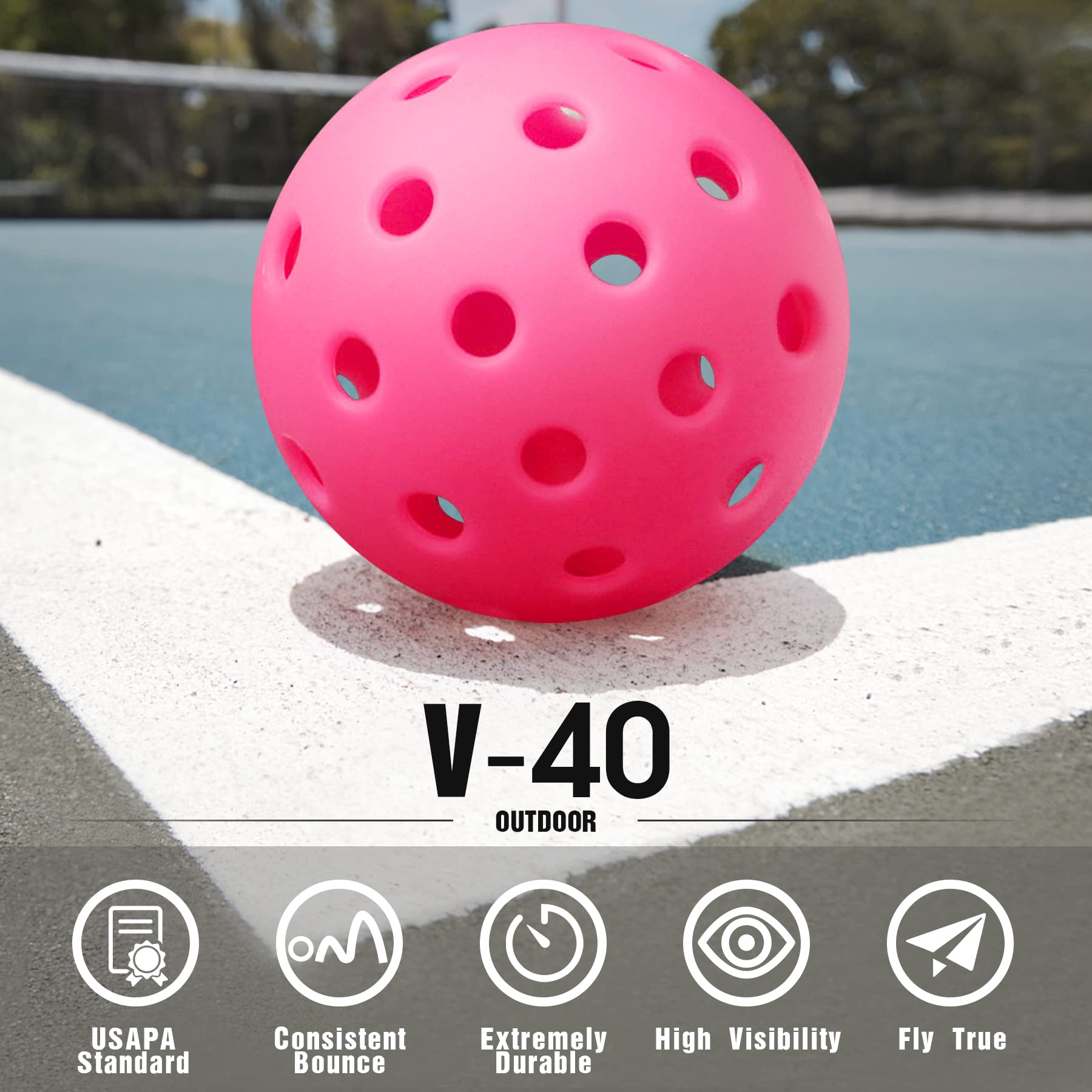 Vvinca Outdoor Pickleball Balls 6 Packs, Meet USAPA Requirement 40 Holes Pickleball, Pink