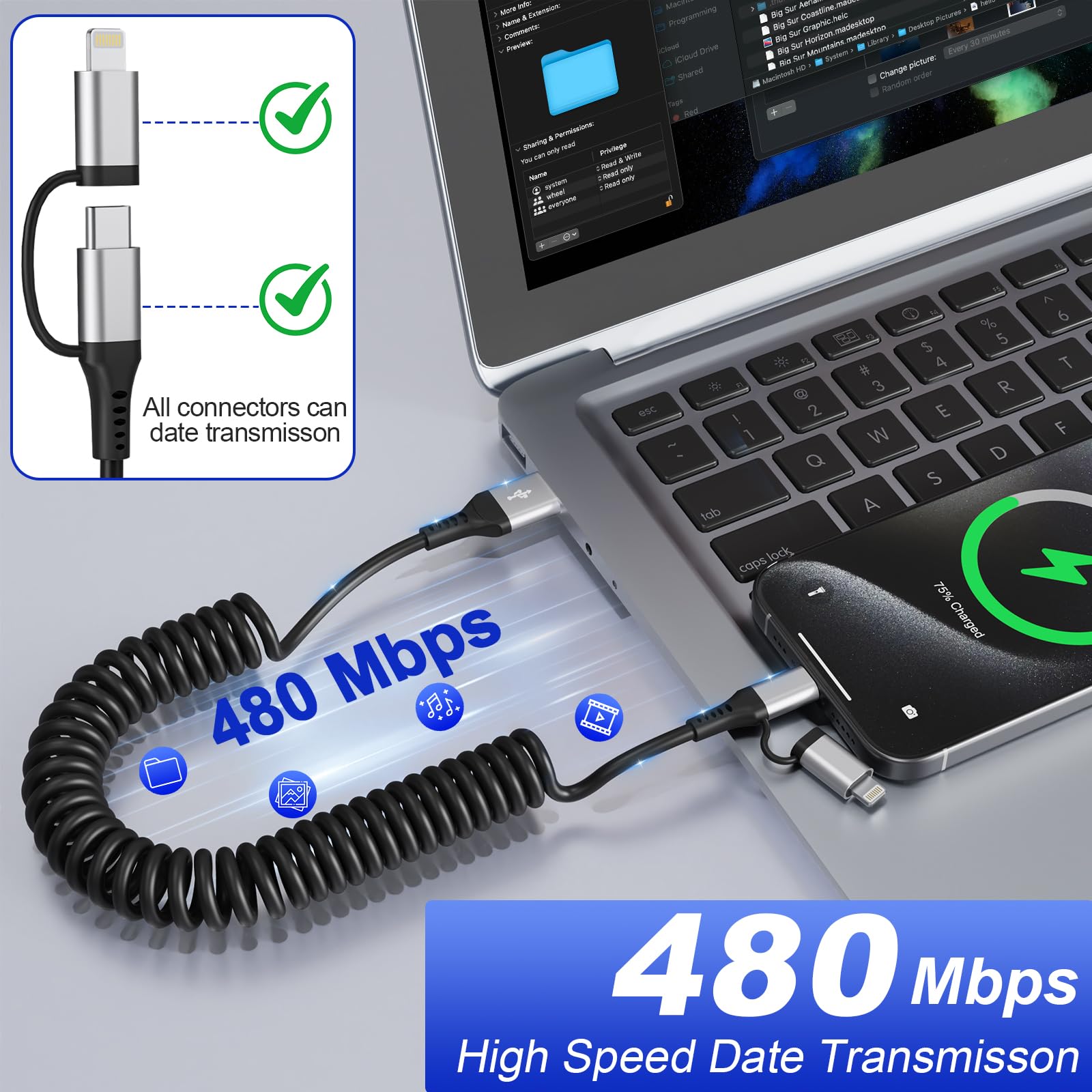 USB to USB-C and Lightning Cable Combo, 2 in 1 Coiled iPhone Charger Cable Apple Carplay & Android Auto, [MFi & 3A Fast Charge] Retractable Lightning and USB C Cable Cord for iPhone 16/15/14/Android