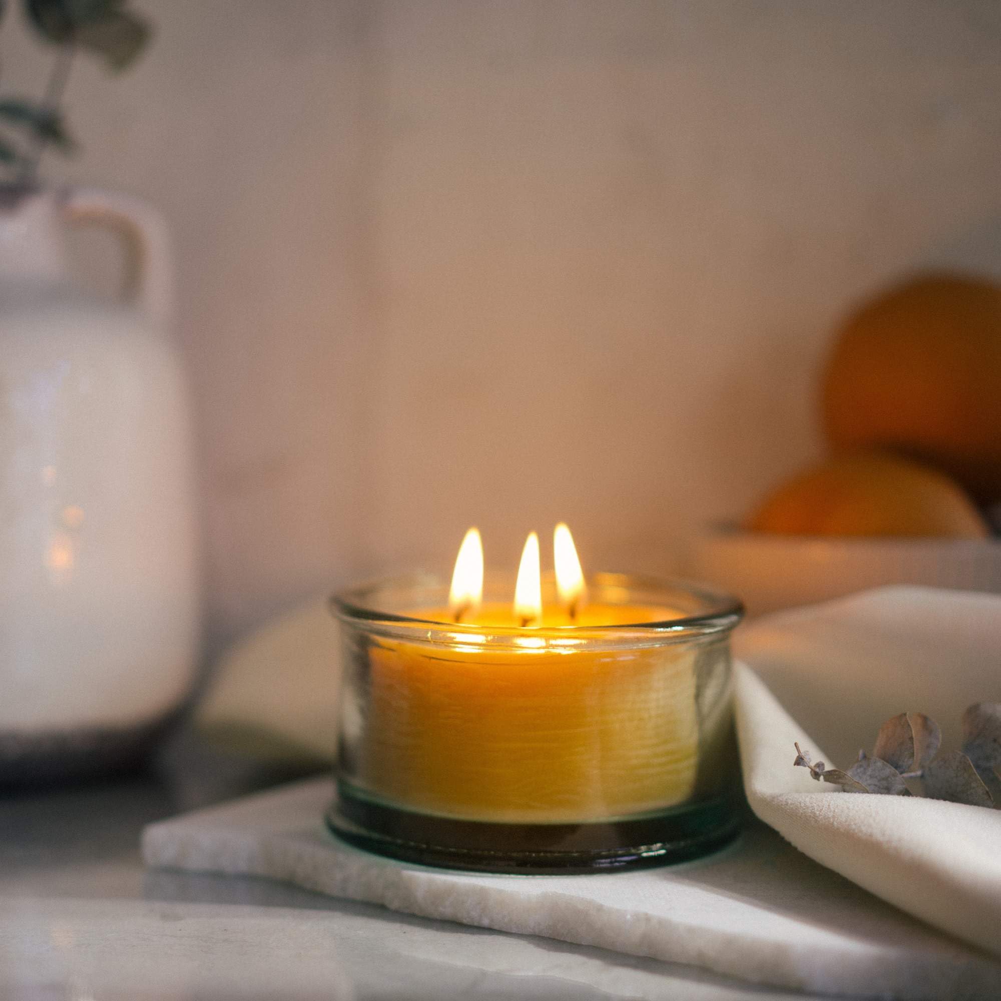 Bluecor Botanica Beeswax Candle: 3-Wick Scented Candle Handmade with Pure Beeswax and Tangerine & Geranium Essential Oils