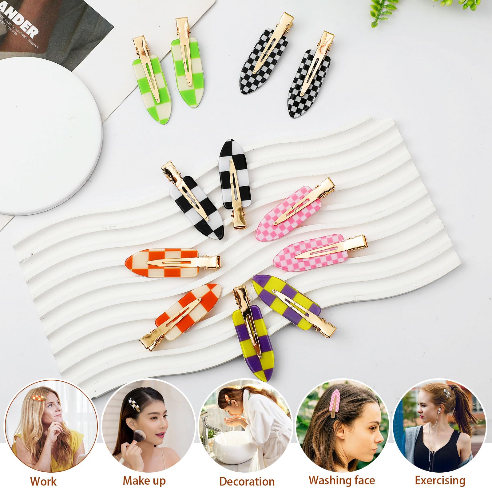 Checkered Hair Clips, 12Pcs No Bend Curl Pins, Multicolored Rectangle Y2K Hair Barrettes, Strong Hold Hair Accessories for Thin & Thick Hair