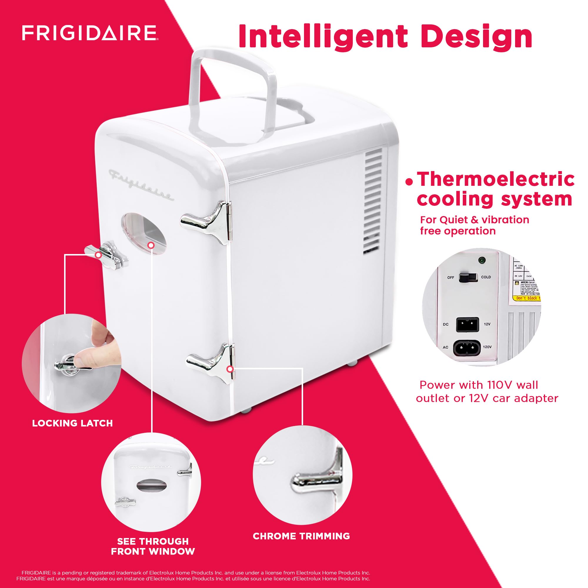 Frigidaire EFMIS129-WHITE White Mini Personal Fridge Cooler, 1 Gal Capacity fits Six Cans, Includes Plugs for Home Outlet & DC Charger-9.84" D x 7.09" W x 10.35" H, standard