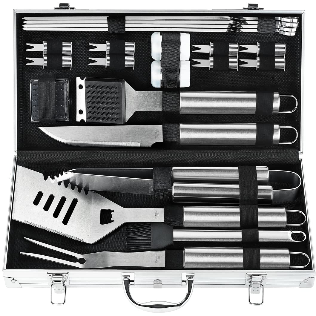 POLIGO 22PCS Heavy Duty BBQ Grill Accessories Set, Non-Slip Grill Tools for Outdoor Grill Set Thicker Stainless Steel Grill Utensils Set, Deluxe Grilling Tools Set in Aluminum Case Ideal Gifts for Men