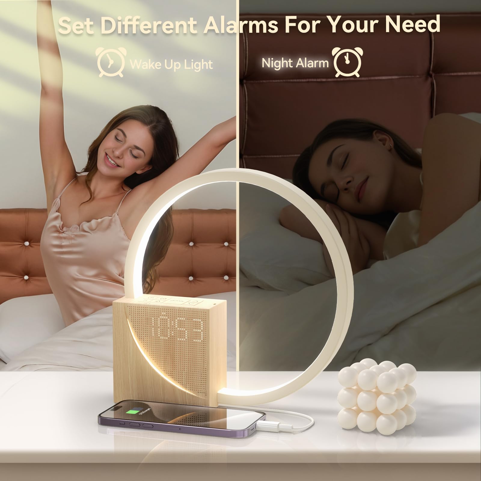 Vivilumens Sunrise Alarm Clock for Heavy Sleepers Adults, Wake-up Light, Sleep Aid 10 White Noise Sound Machines with 30/60/90 Timer, 3 Level Dimmable Touch Table Lamp with Snooze USB Charger Port