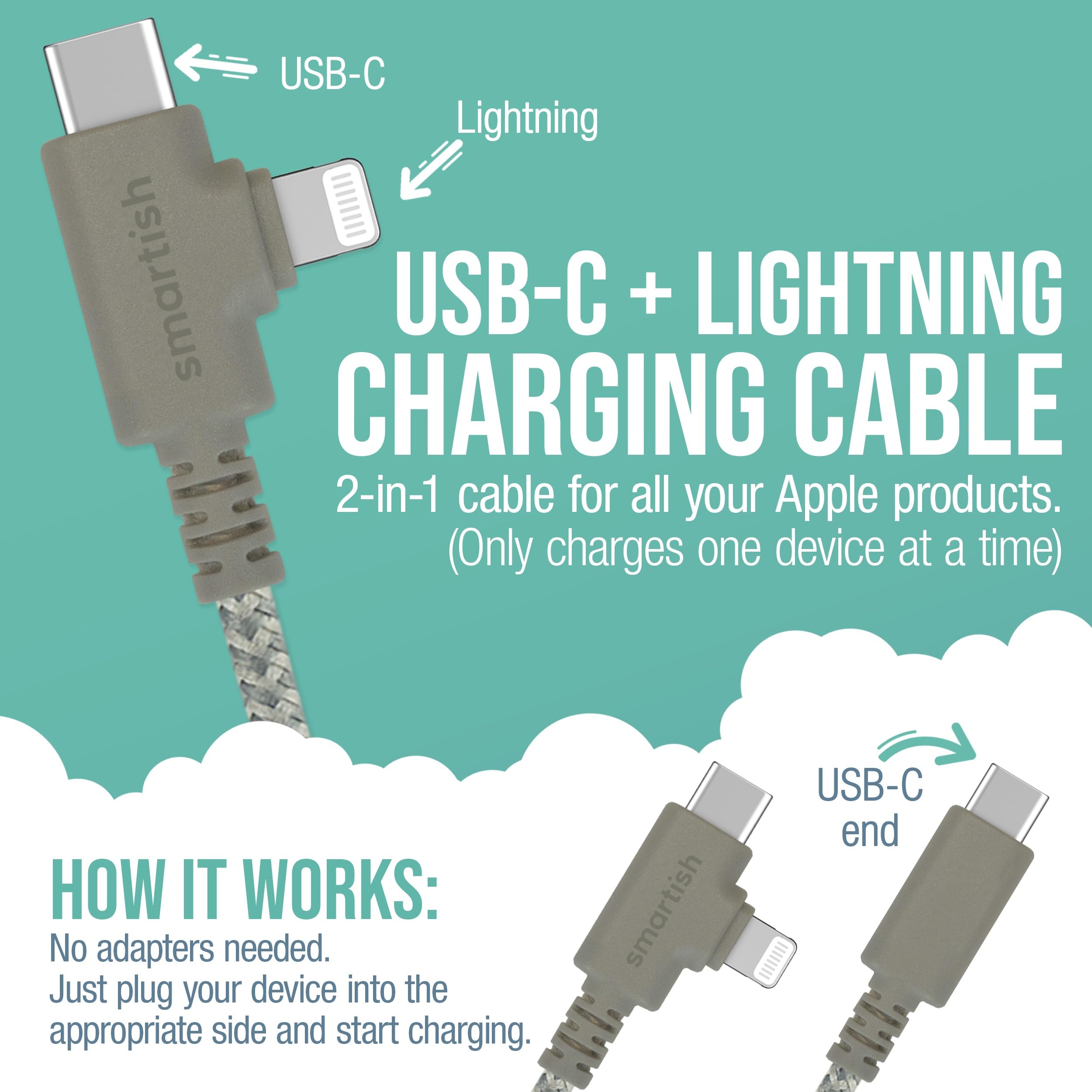 Smartish 2 in 1 USB C to USB C/Lightning Cable - Crown Joule - 6 Ft Fabric Wrapped Fast Charging Cord - for iPhone, Galaxy, Pixel - 100W Dual Fast Charger for Phones/Laptops - Lightly Toasted Beige