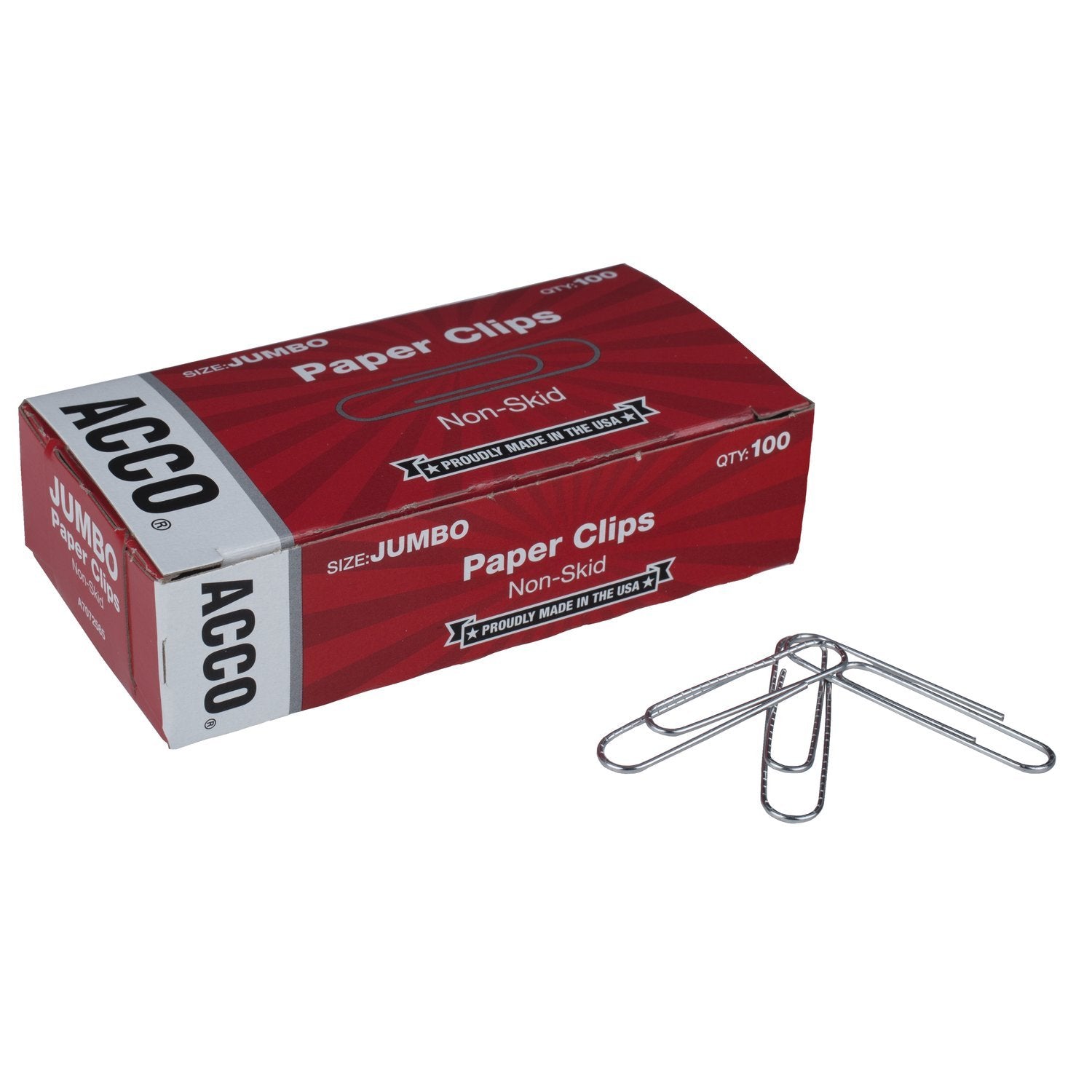 ACCO Non-Skid Paper Clips, No.4 Jumbo Size, Silver, Box of 100 Clips, 1 Box (72585)