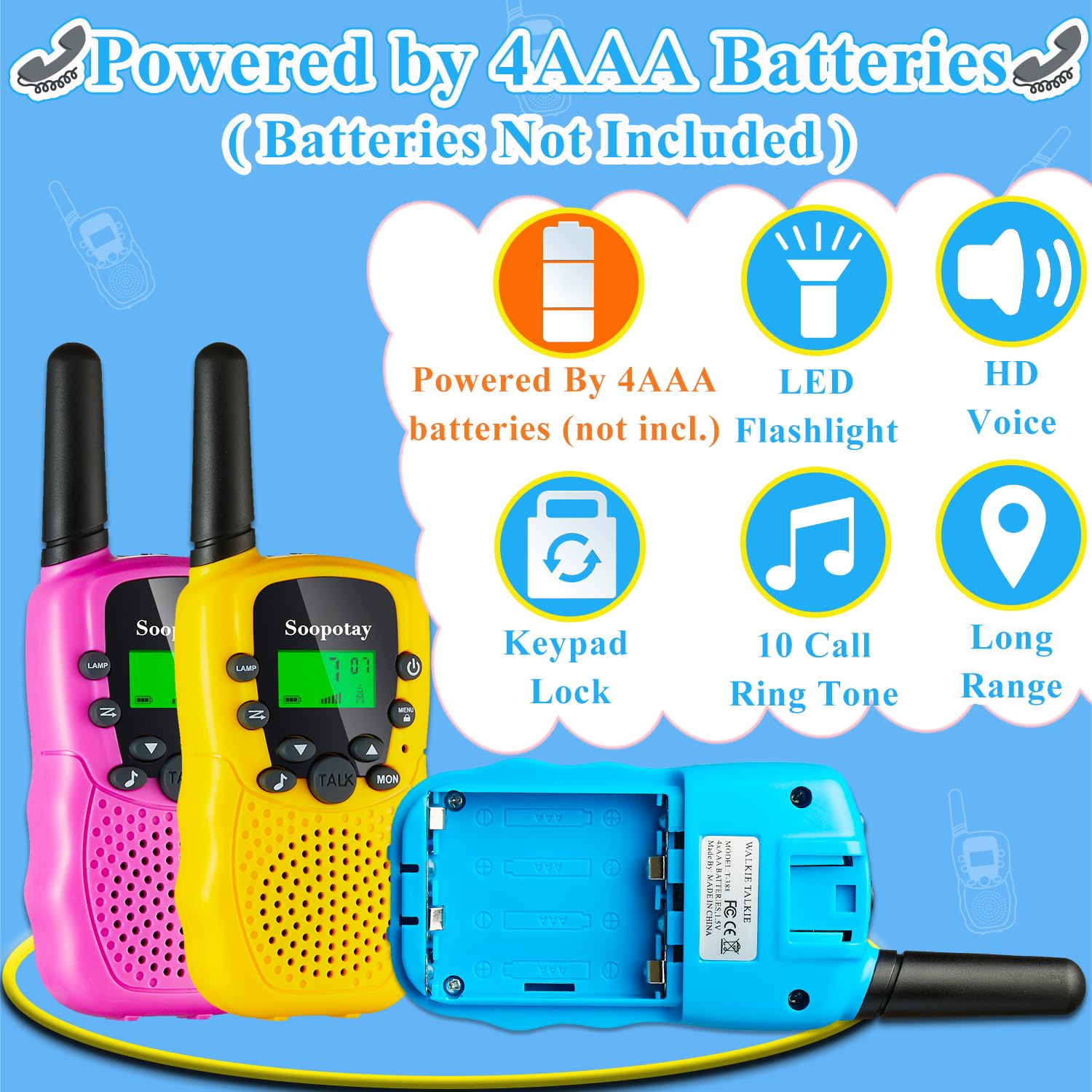 Walkie Talkie for Kids 3 Pack, Kids Walkie Talkies for Girls and Boys, Long Range Walkie Talkie Toys with Flashlight & 22 Channels. Boys Girls Toys/Gifts for Kids Age 3-12(Blue Pink Yellow, 3Pack)