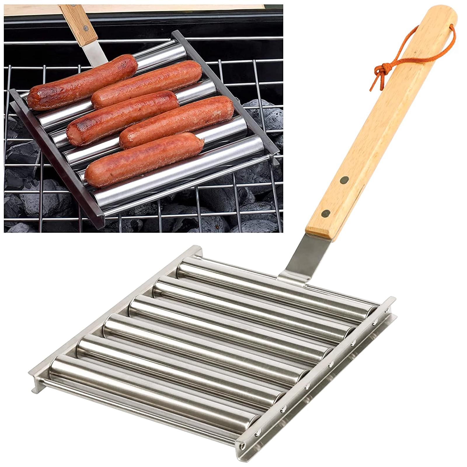 KAYCROWN Hot Dog Roller Stainless Steel Sausage Roller Rack with Extra Long Wood Handle, BBQ Hot Dog Griller For Evenly Cooked Hot Dogs, 5 Hot Dog Capacity