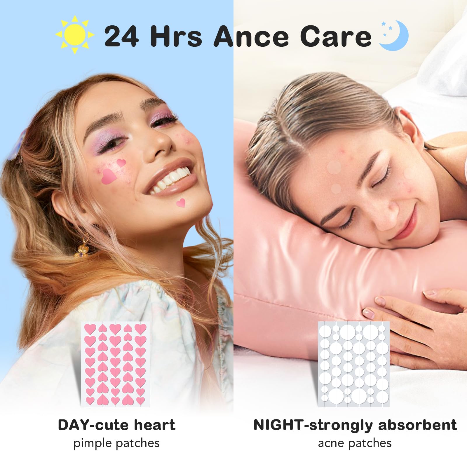 Pimple Patches for Face 7 Sizes Day and Night Acne Patches Heart Zit Patches Cute Spot Stickers with Tea Tree & Centella Oil, Strong Adhesion Zit Covers (412 Count)