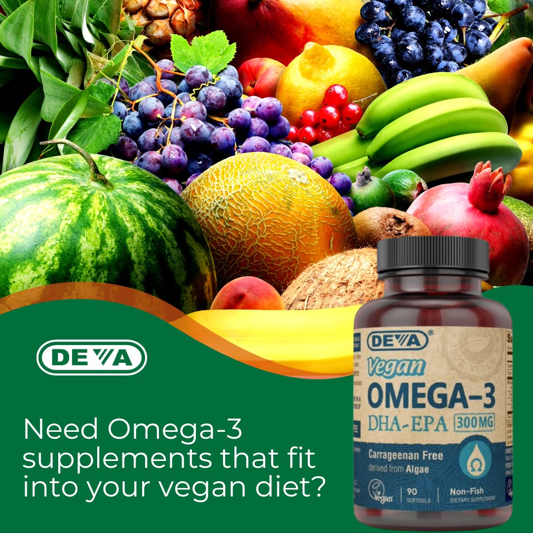 DEVA Vegan Omega-3 DHA EPA Supplement Once-Per-Day Softgel 300 MG - Carrageenan Gelatin & Gluten Free - Non-Fish Algae Oil Fatty Acids - 90 Softgels