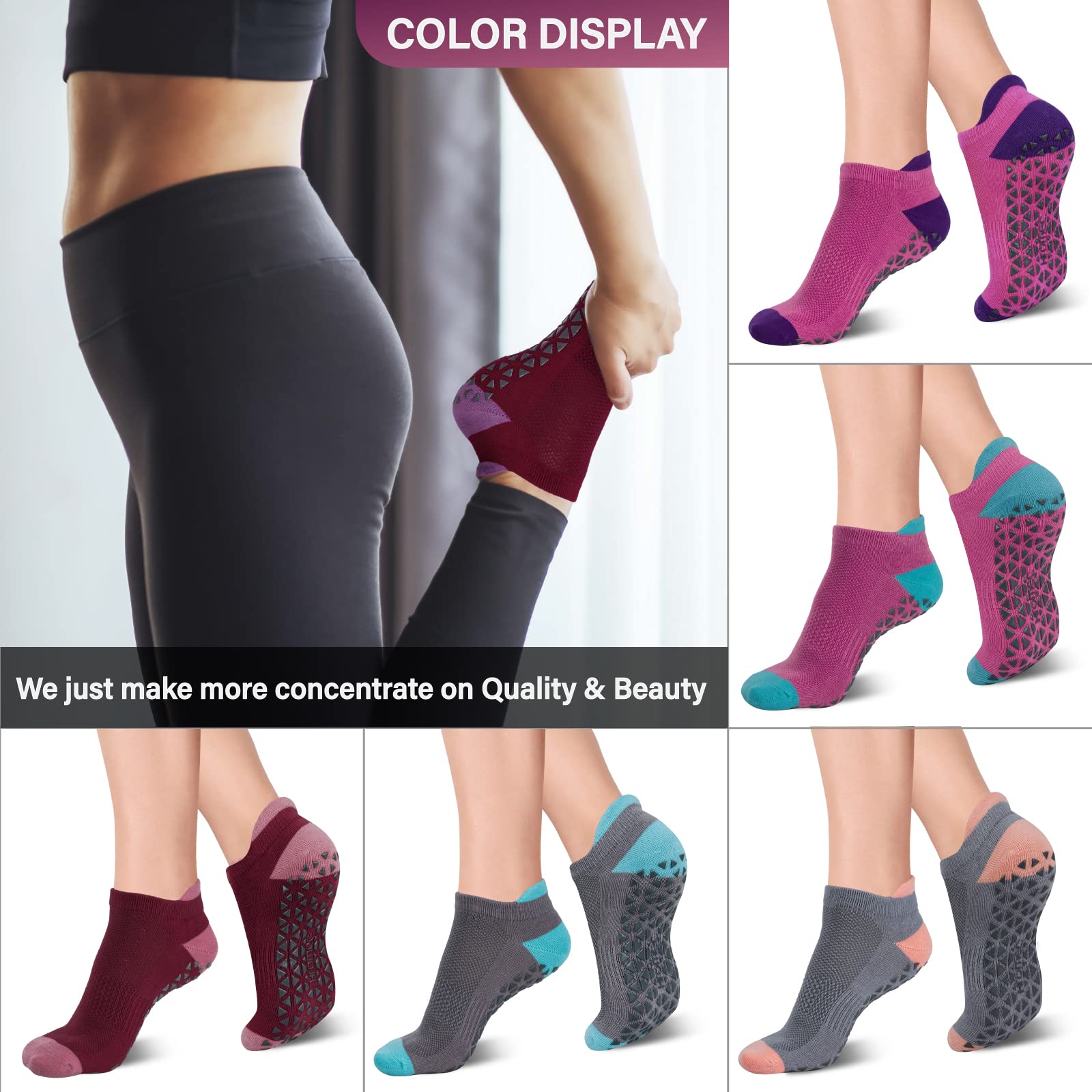 Non Slip Yoga Socks with Grips for Pilates, Ballet, Barre, Barefoot,Bikram,Hospital Anti Skid Socks for Women and Men