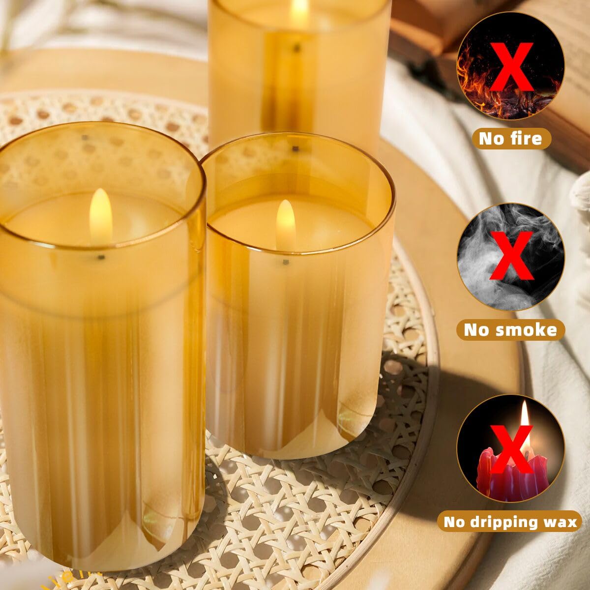 Gold Glass Flameless Candles Flickering with Remote, Timer, Battery Operated Moving Wick Realistic Warm Light Real Wax LED Candles for Party, Wedding, Festival Tabletop Decoration - Set of 3
