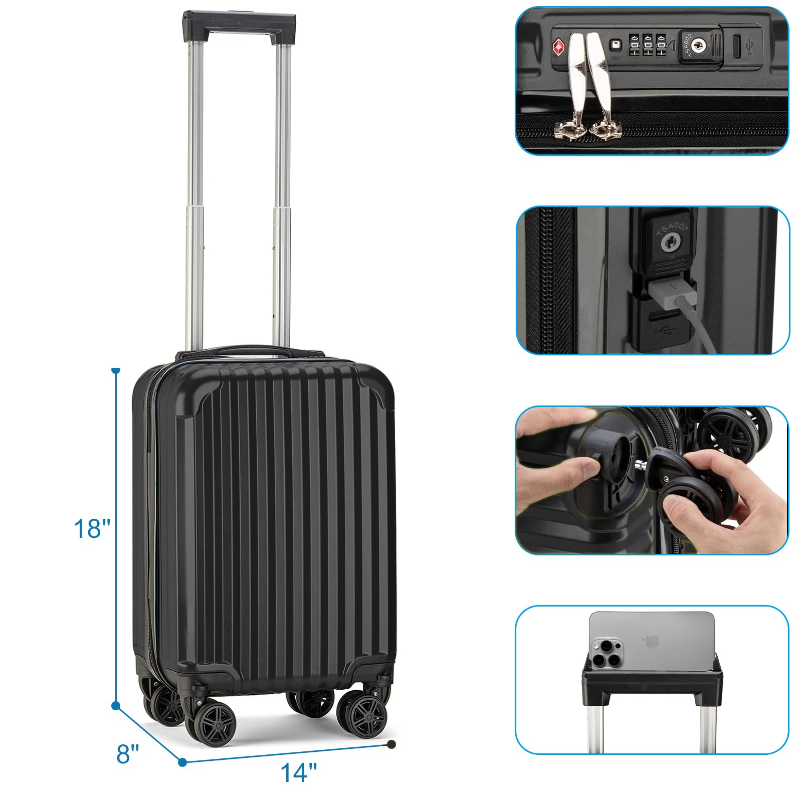 Boardingblue Personal Item Suitcase 18x14x8 Hardside Built In TSA Lock & USB Port Lightweight Luggage With Removable Silent Wheels Underseat Carry-On Bag For Spirit and Frontier and More (Black)