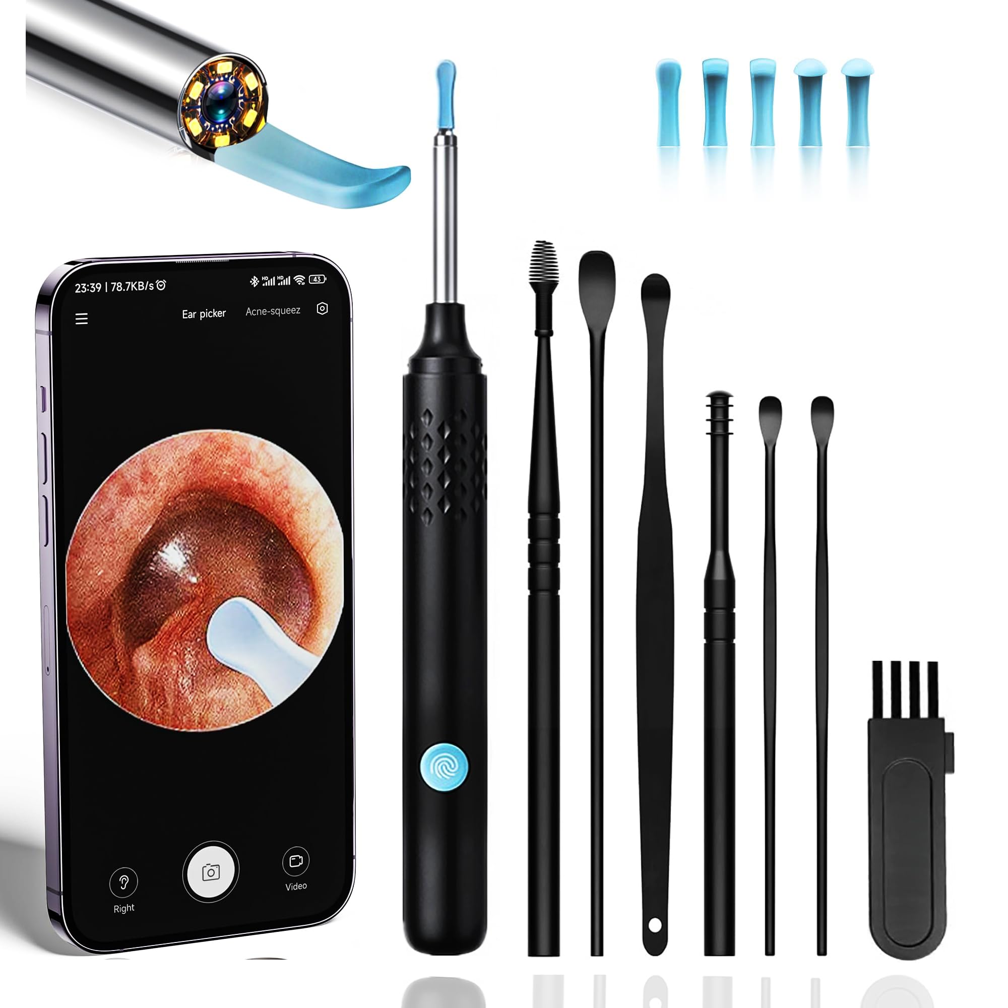Ear Wax Removal - Earwax Remover Tool with 7 Pcs Ear Set - Ear Cleaner with Camera - Earwax Removal Kit with Light - Ear Camera with 6 Ear Spoon - Ear Cleaner for iOS & Android