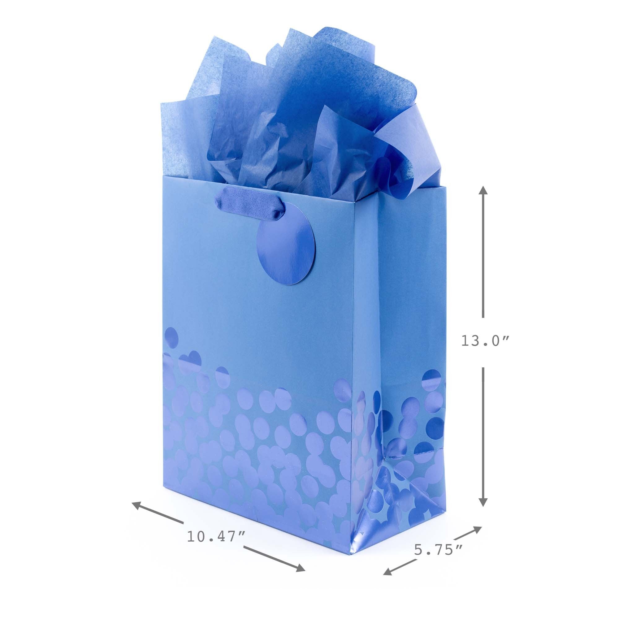 Hallmark 13" Large Gift Bag with Tissue Paper (Blue Foil Dots) for Hanukkah, Christmas, Birthdays, Fathers Day, Graduations, and Baby Showers