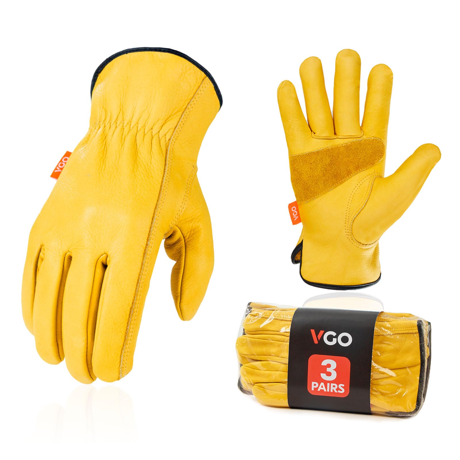 Vgo 3-Pairs Unlined Cow Grain Leather Work and Driver Gloves with Cow Split Leather Palm Patch (Size L, Gold,CA9590)