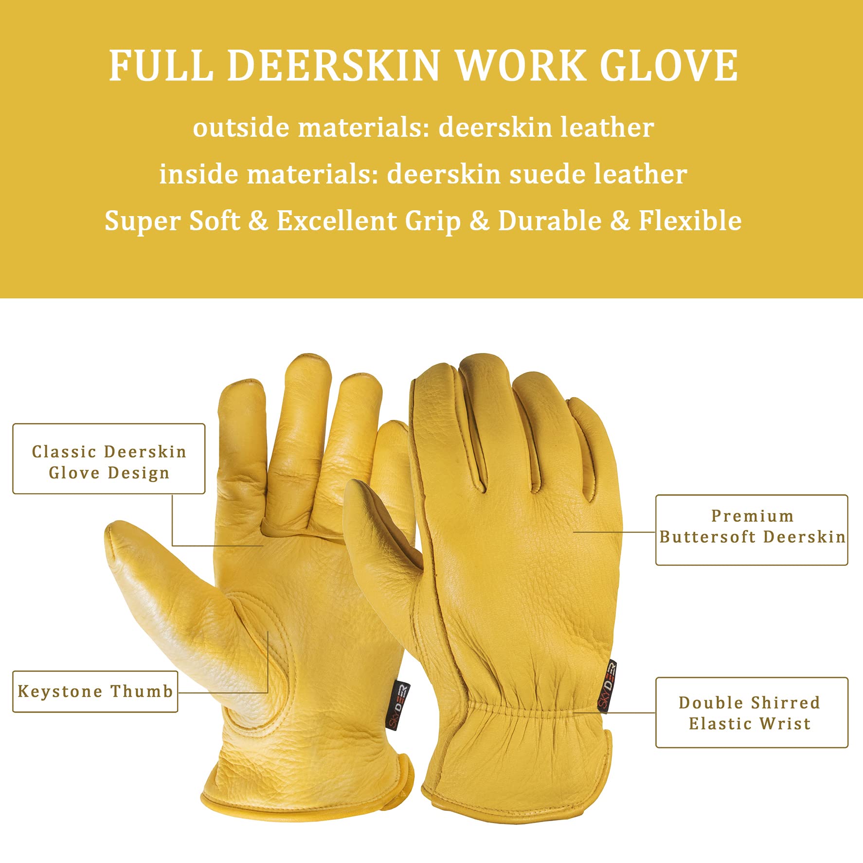 SKYDEER 100% Full Premium Genuine Grain Deerskin Leather Hi-Performance Utility Driver Work Gloves (SD2210/L, Unlined)