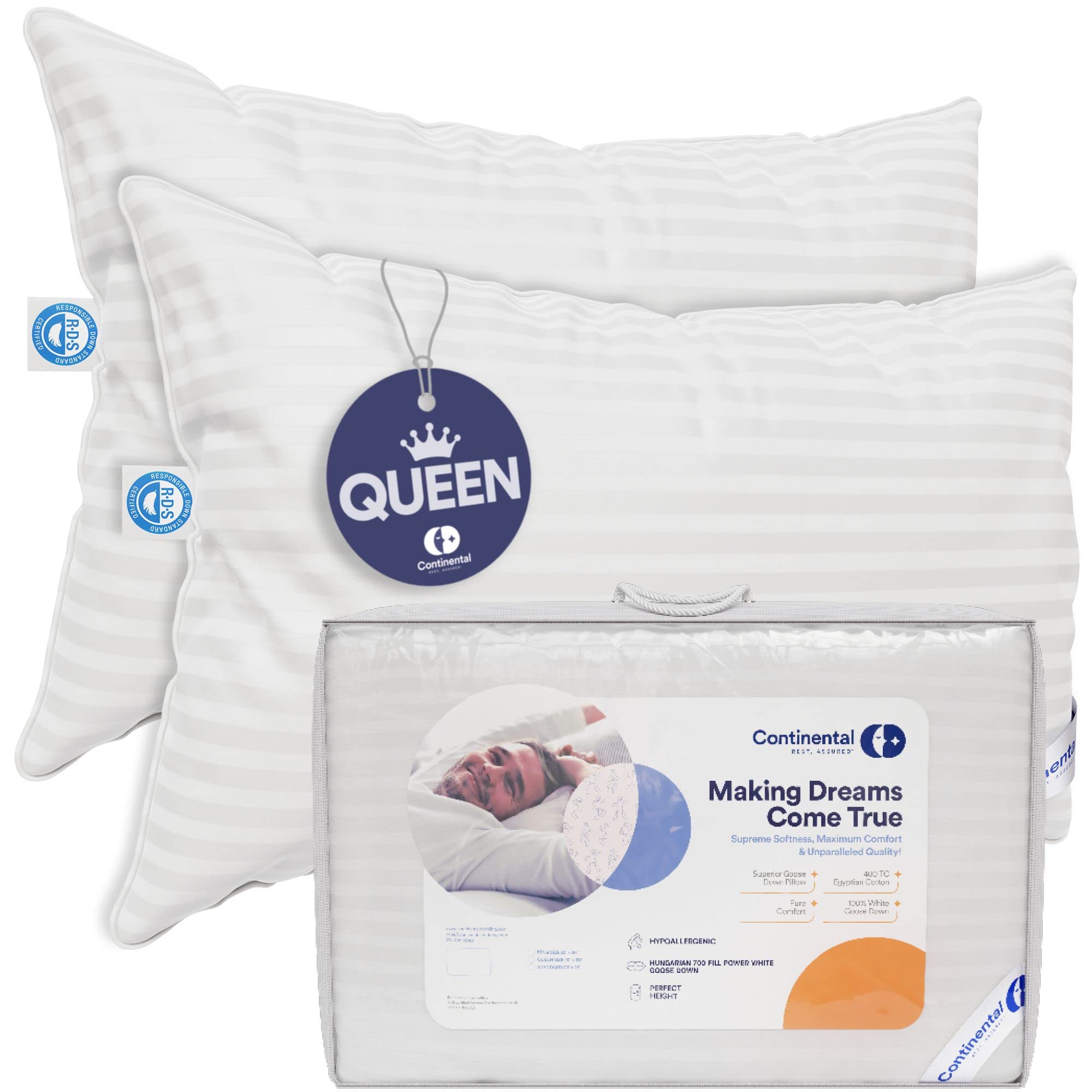 Continental Bedding | Serenity Goose Down Pillow | 700 Fill Power Hungarian White Down | 400TC Cotton Damask Shell | Made in USA | Medium, Queen (Pack of 2), 2 Count