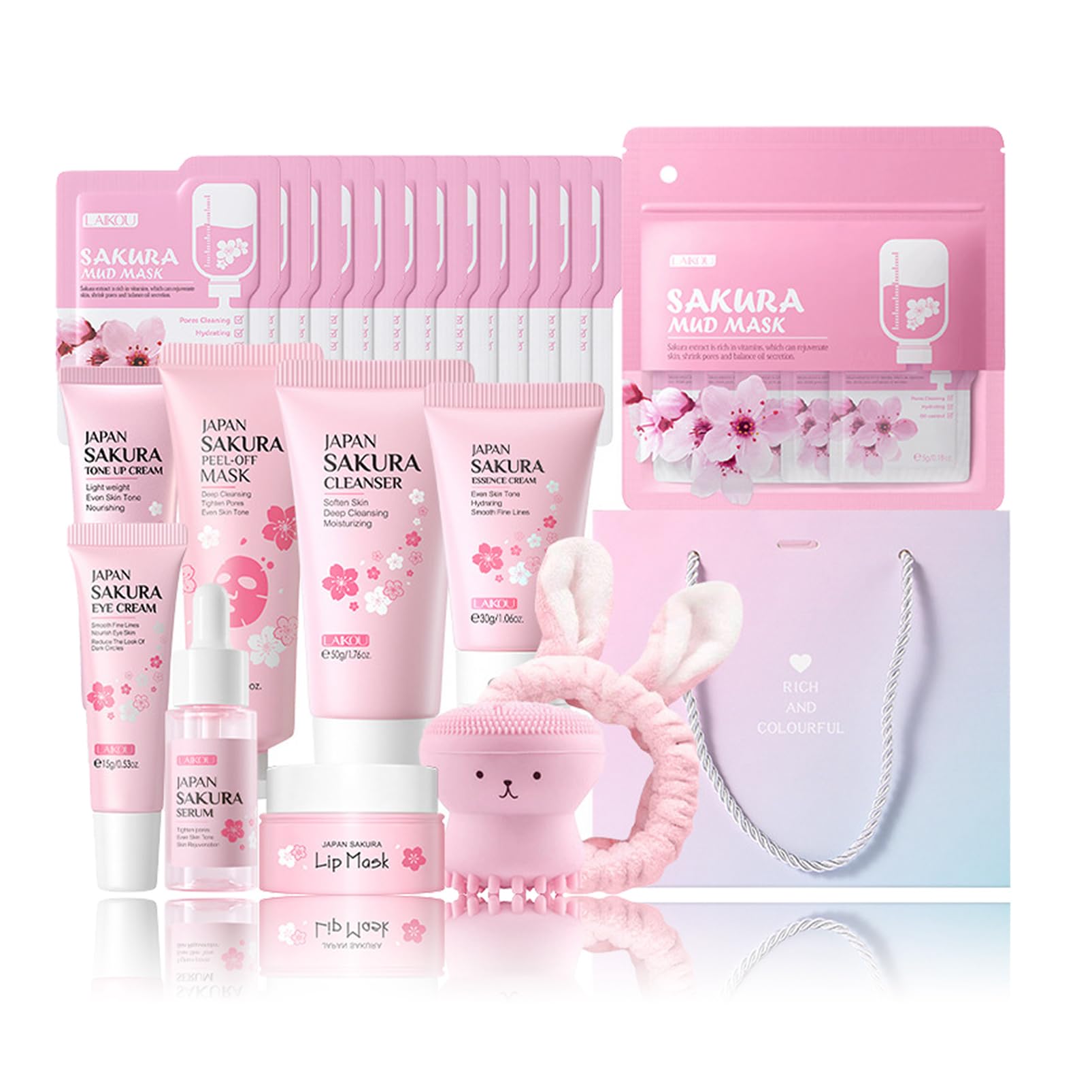 Skin Care Set Sakura Women Beauty Gift Sets Korean Skin Care Kit- Cleanser,Serum,Face Cream,Toner,Eye Cream,Mud Mask-Skin Care Routine Kit (One Size, Cherry Blossom-StyleB-Luxury Moisturizing)