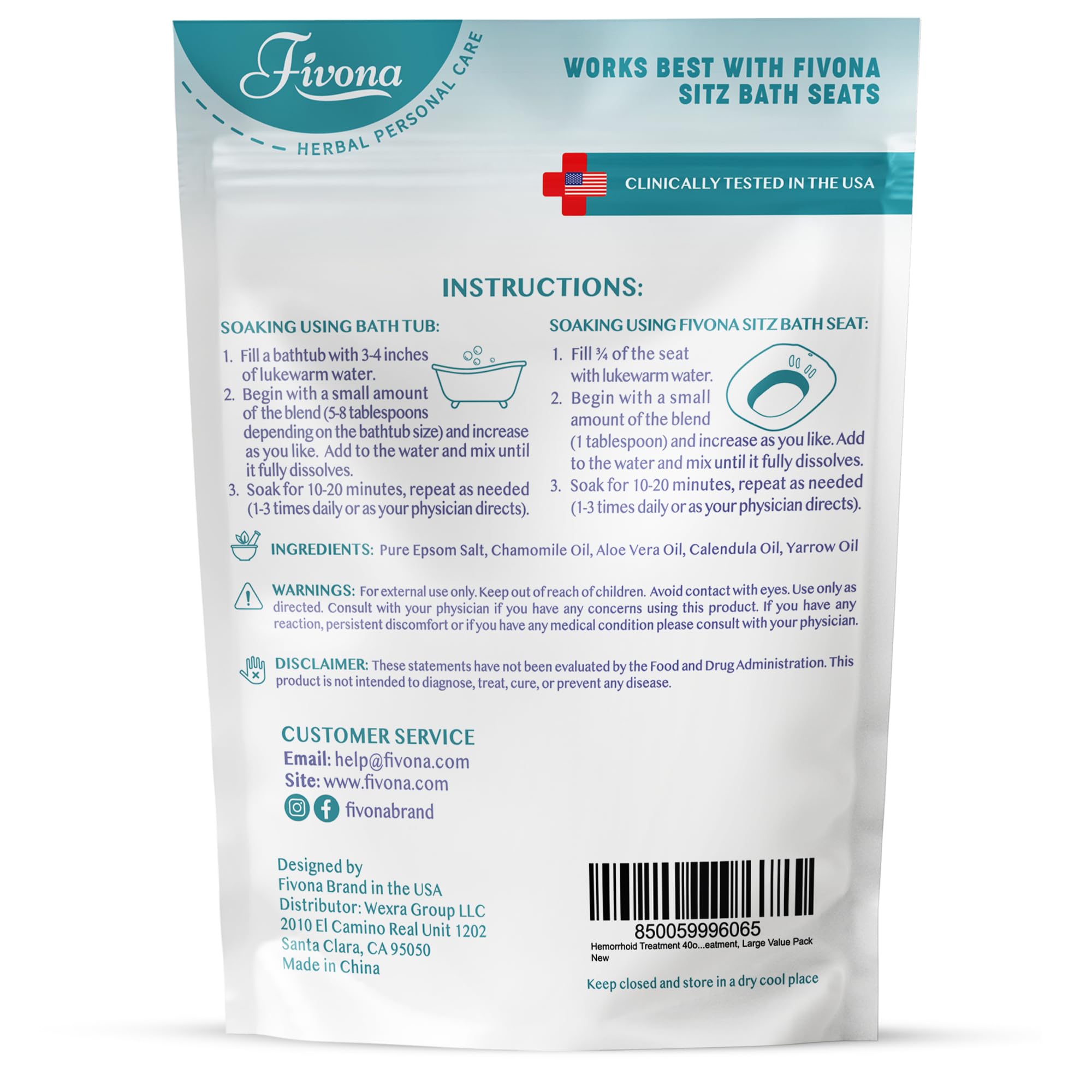 Hemorrhoid Treatment 40oz, Fivona Sitz Bath Salts, Postpartum Soaking Blend Epsom Salt with All Natural Oils for Self Care, Bartholin Cyst Treatment, Large Value Pack