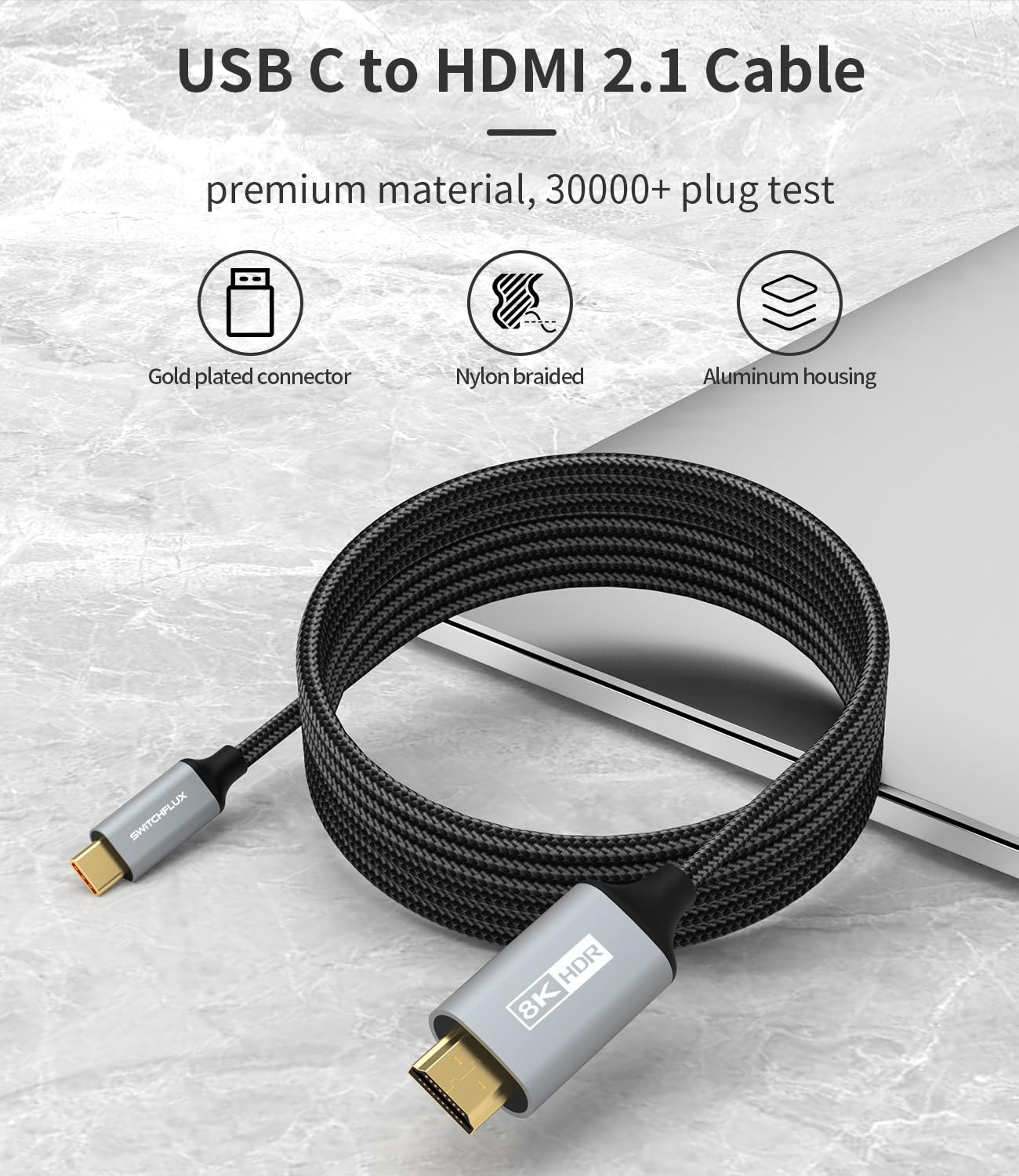 SWITCHFLUX USB C to HDMI Cable 2.1, 6FT 8K@60Hz,4K@144Hz,2K@165Hz Type C to HDMI Cord Support HDCP2.3/HDR/DSC Thunderbolt 3/4 for MacBook, iPhone 15/Plus/Pro/Pro Max,Dell,HP, Lenovo, S22