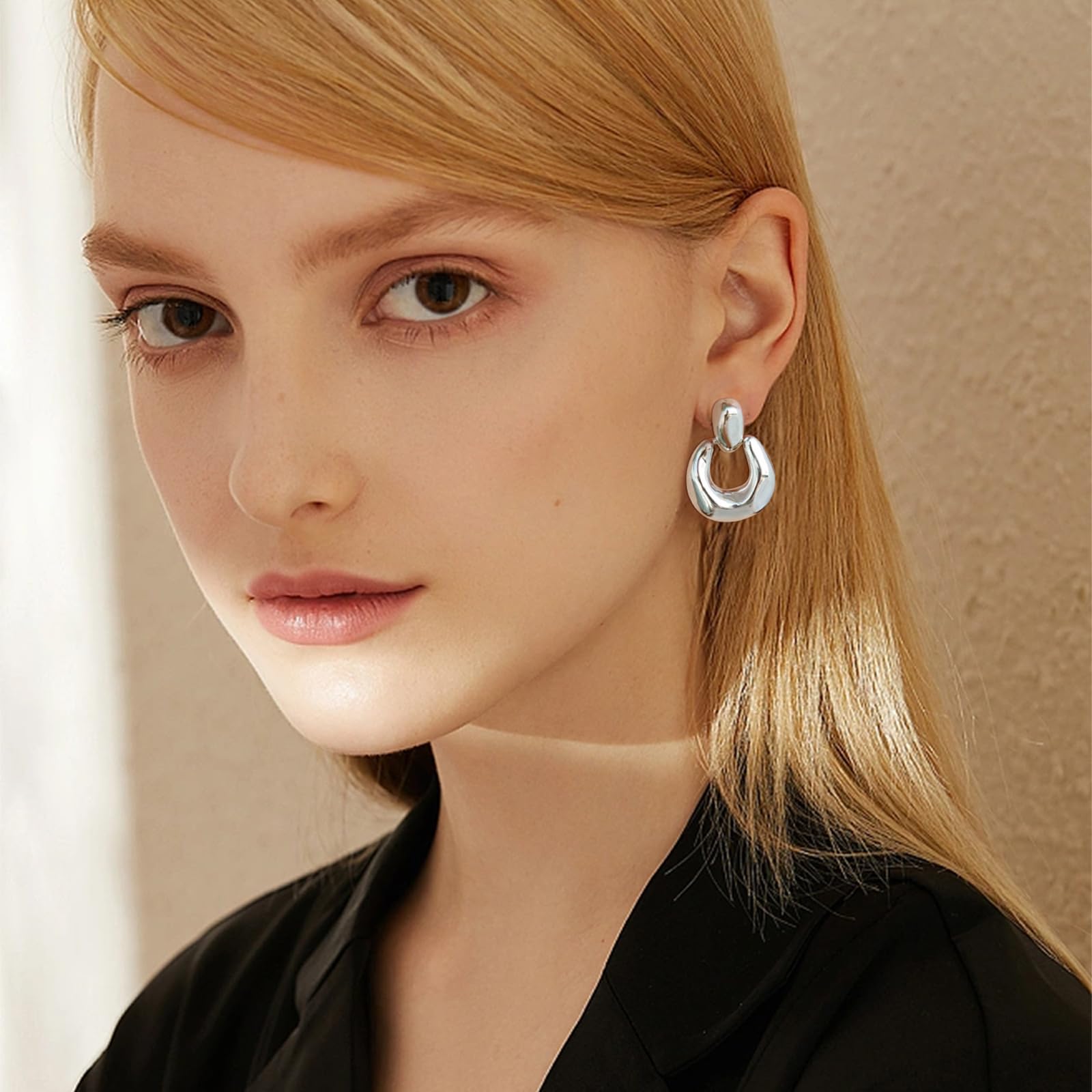 Silver Dangle Earrings for Women Statement Chunky Small Cut Design Silver Drop Earrings Door Knock Shape Dangling Earrings for Women