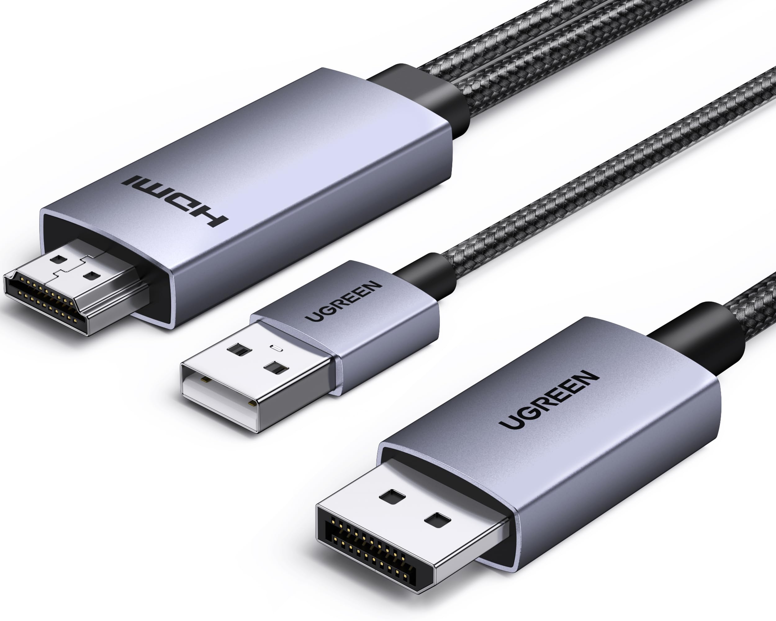 UGREEN Active HDMI to DisplayPort Cable with USB Powered 4K@60Hz 1080P@120Hz Unidirectional HDMI Source to DP Display HDR, Dolby, HDCP2.3, Braided 6.6FT Compatible with Laptop, PC, PS5, Xbox, Switch