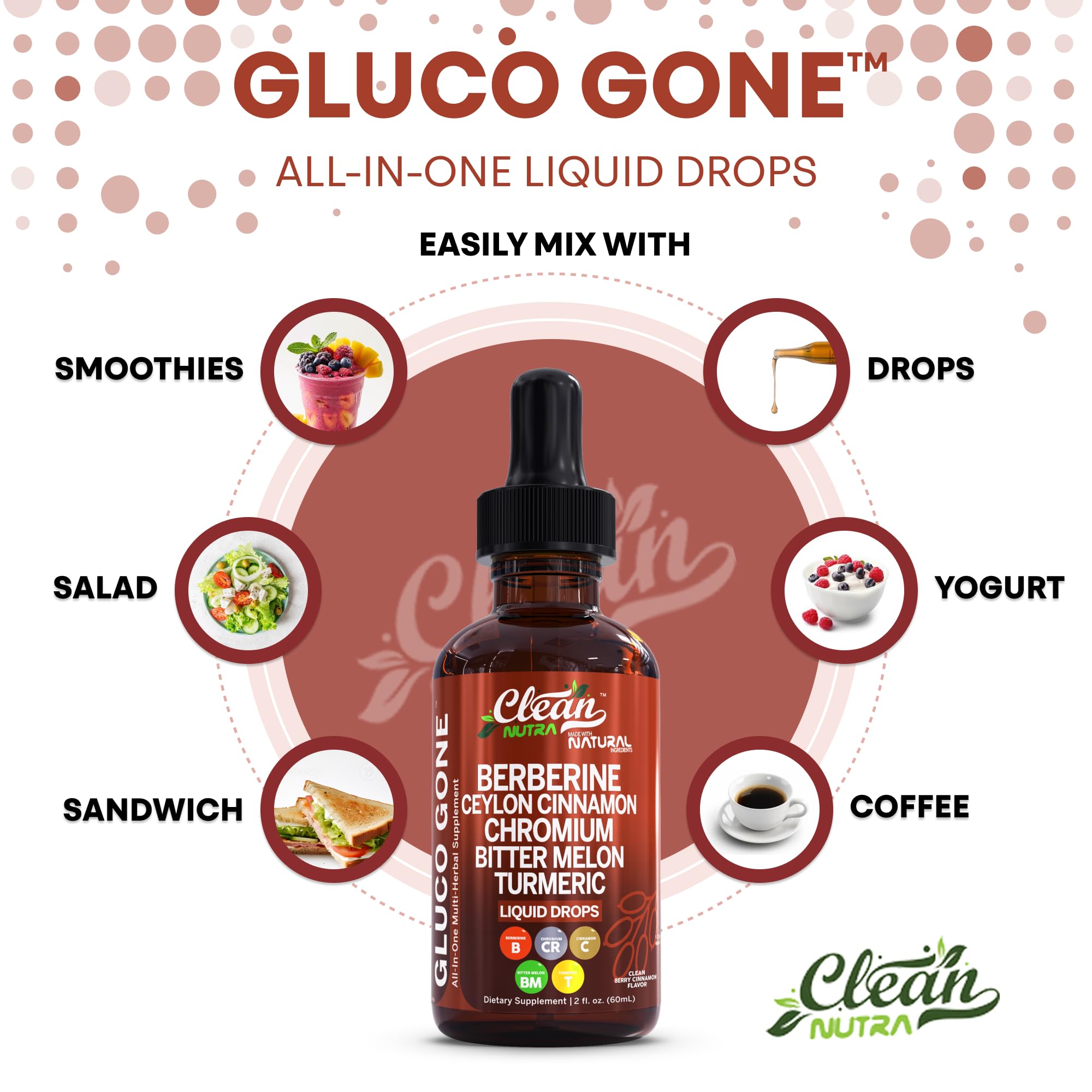 Clean Nutra Berberine with Ceylon Cinnamon Supplement Liquid Drops + Bitter Melon Extract, Glucomannan, Gymnema, Chromium, Turmeric, Organic Panax Ginseng, Moringa GLP-1 Support